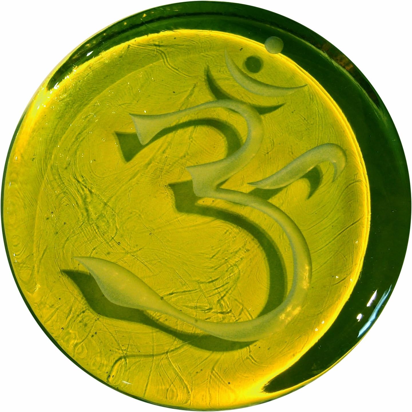 "Om" Sanskrit design 5" dia Kiwi Green Art Glass Blessing