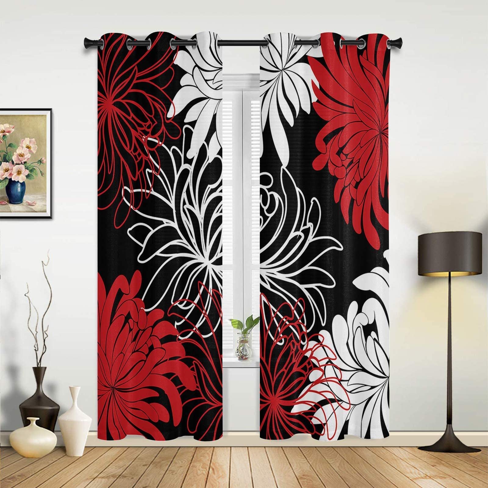 Temlan Color15 Black And White Red Chrysanthemum Blackout Curtains Red Black White Lines Eyelet Curtains For Living Room Bedroom, Grommet Top Thermal Insulated Window Treatments (117 X 137Cm)