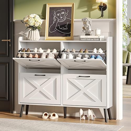 Maupvit Large Shoe Storage Cabinet with 4 Flip Drawers, Narrow Shoe Cabinet for Entryway with Wooden Legs, Freestanding Hidden Shoe Rack Organizer ＆ Metal Hinges, White