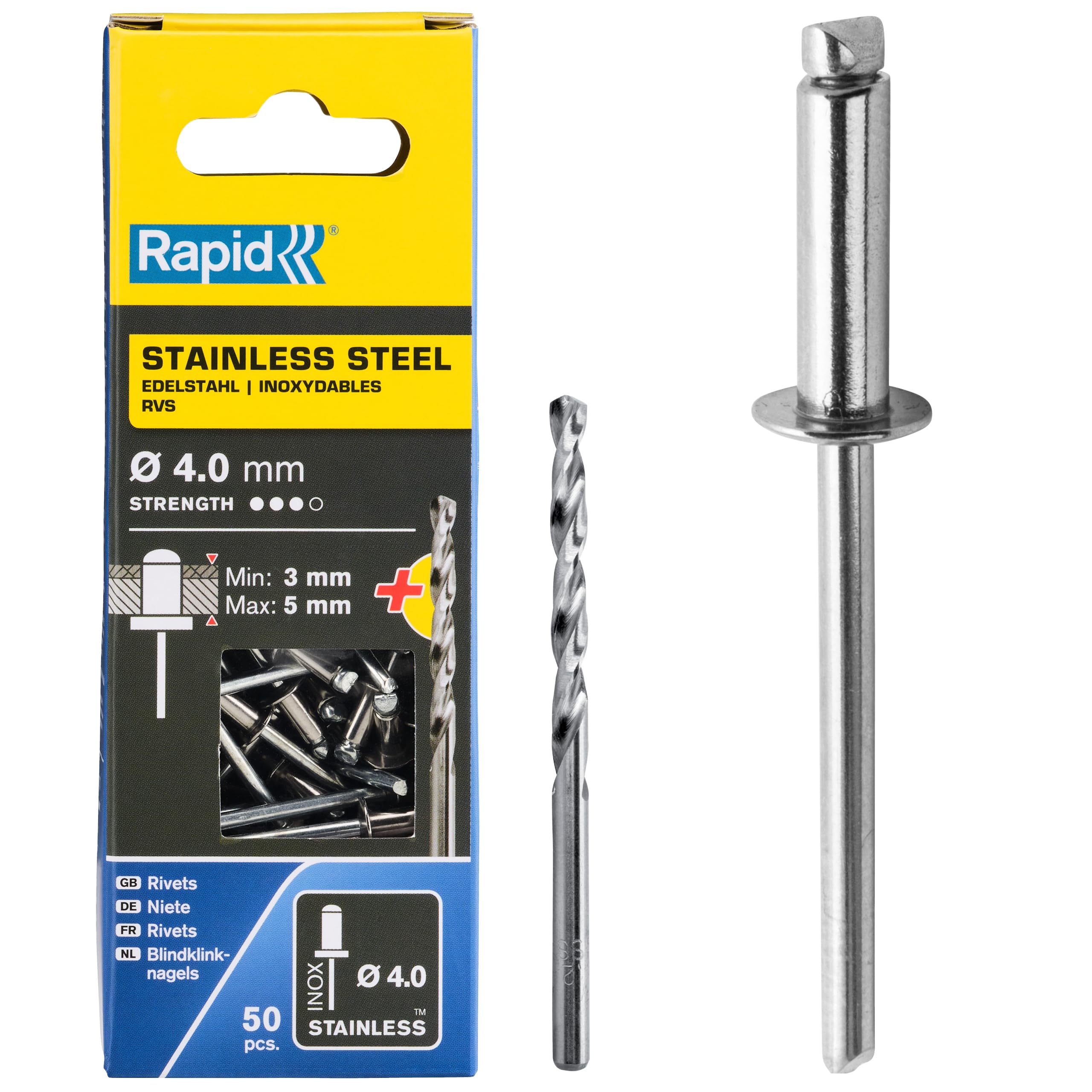Rapid, Wysokowydajne Nity ze Stali Nierdzewnej Ø4 × 6 mm, do Tablic Rejestracyjnych, Błotników, Pokryć Metalowych i Blach, W Zestawie Wiertło, 50 Sztuk, Pudełko Kartonowe (5001460)