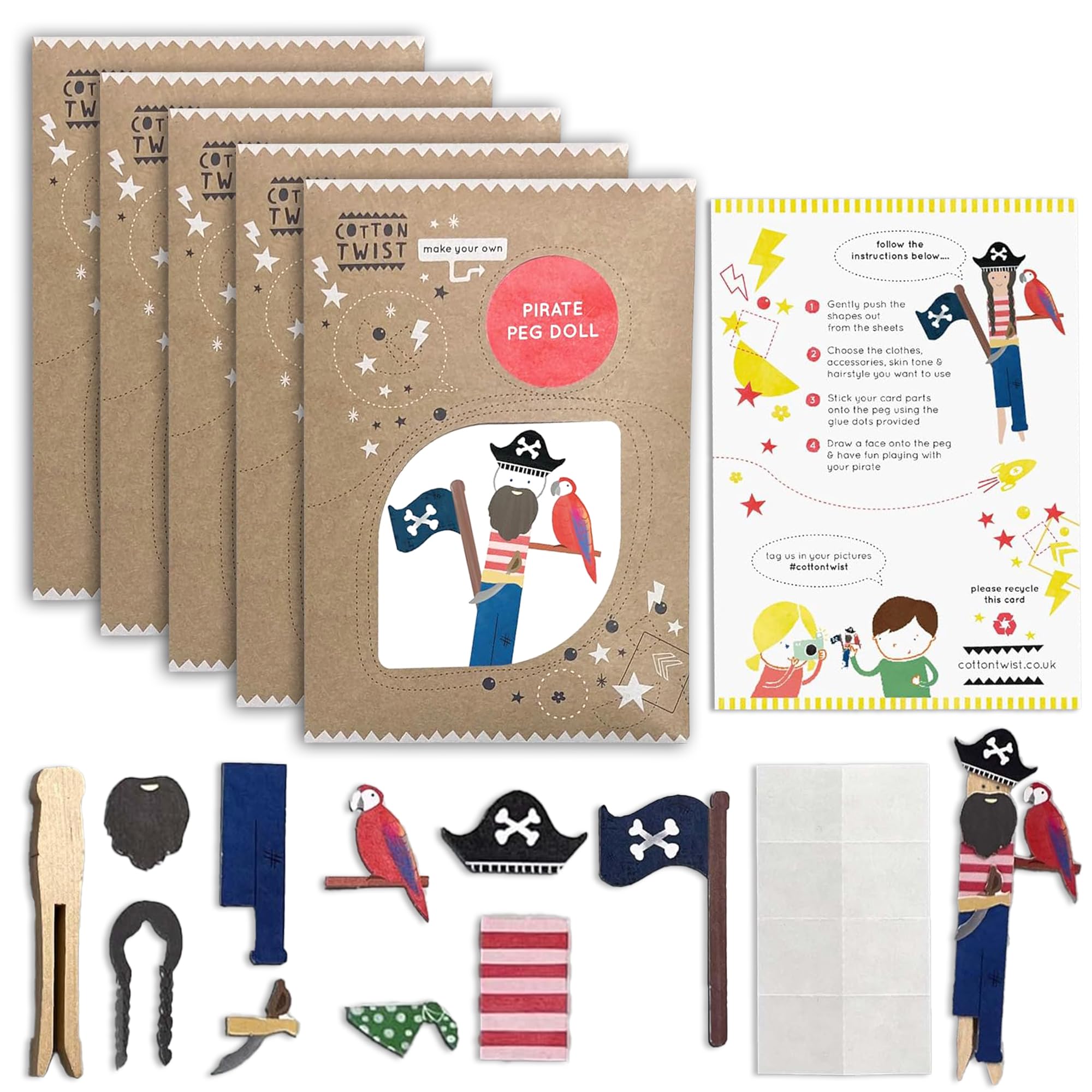 COTTON TWIST Kids Make Your Own Pirate Peg Doll Craft Kit - Children Creative Play Set DIY Activity Box for Boys and Girls - Pack of 5