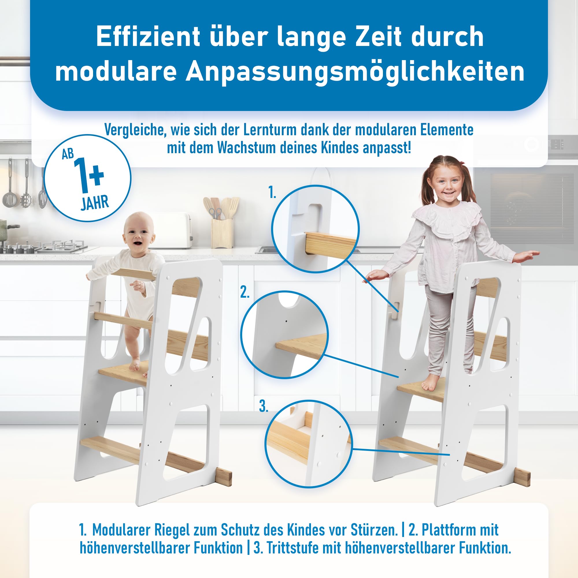 Lernturm ab 1 Jahr mit Anti-Kipp-Schutz – Höhenverstellbarer Montessori Learning Tower aus FSC-Massivholz – Bis zu 50kg belastbar – Für Kinder, für Küche, Tisch und Bad – MEBLE WRÓBEL®