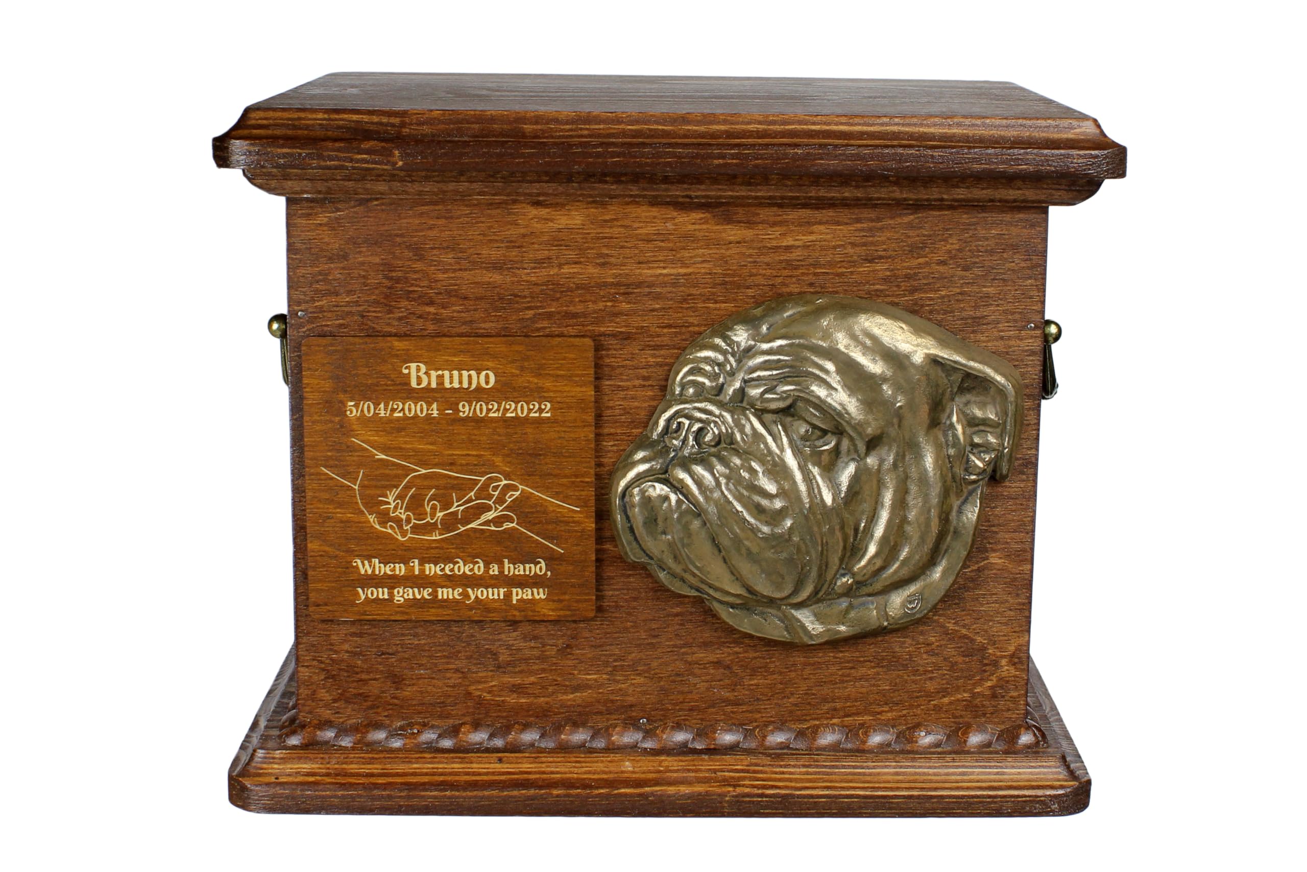 Art-Dog Urn for Dog Ashes - Handmade Memorial with Relief, Personalized Engraving, and Cold Cast Bronze Bust – Custom Pet Memorial Urn – 8.3x11.4x8.7” – English Bulldog II
