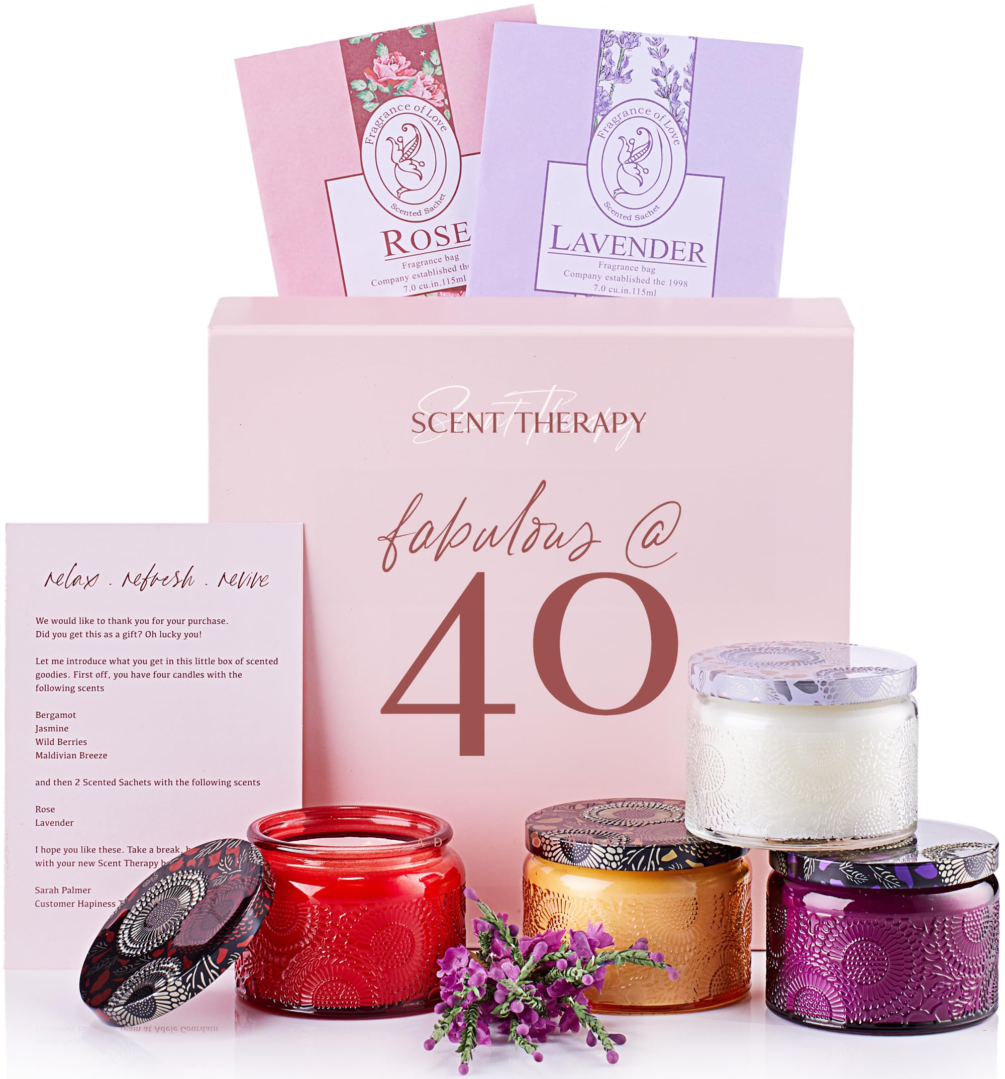 40th Birthday Gifts for Women – Scented Candles Gifts for Women – Elegant & Fun Gift Box 'Fabulous at 40' with 4 Aromatherapy Scented Candles for Her