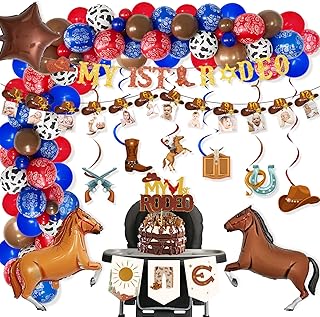 101 PCs First Rodeo Birthday Party Decorations, Fiesec Western Cowboy My 1st Rodeo Party Decorations Wild West Horse Balloon Garland Hanging Swirl Monthly Photo Highchair Banner Cake Topper Brown