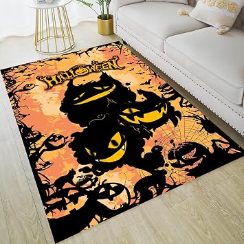 Halloween Area Rug,3x4ft,Cartoon Pumpkin Ghost Orange Floor Mat,Naughty Black Pumpkin Monster Rectangular Rug,Non-Slip Washable Soft Rug,for Living Room,Bathroom,Bedroom,Halloween Decor