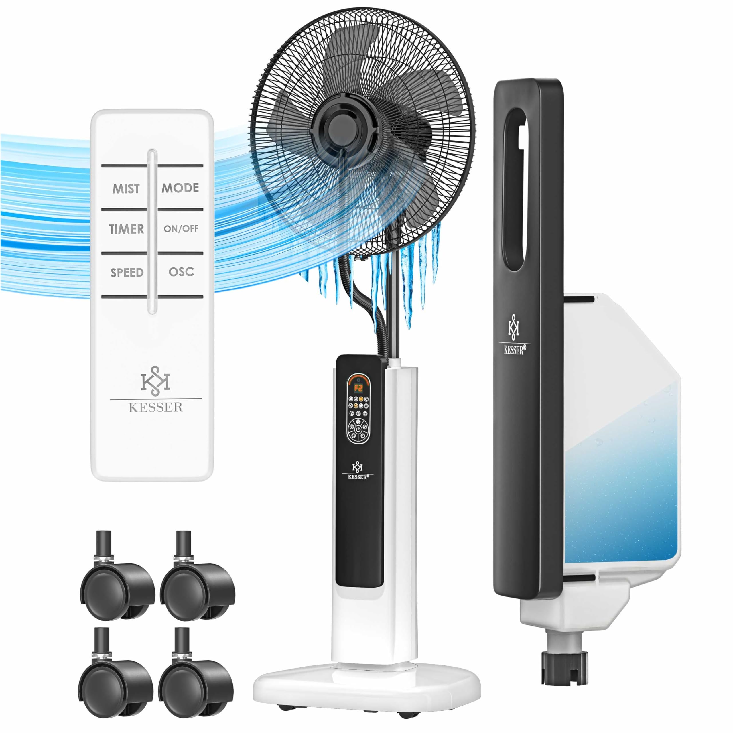 KESSER® Stand-Ventilator Frosty mit Wasser Ultraschall-Sprühnebel Wasserkühlung, inkl. Fernbedienung Timer-Funktion, Luftbefeuchter Leise, Nebelfunktion, Standventilator, Weiß/Schwarz