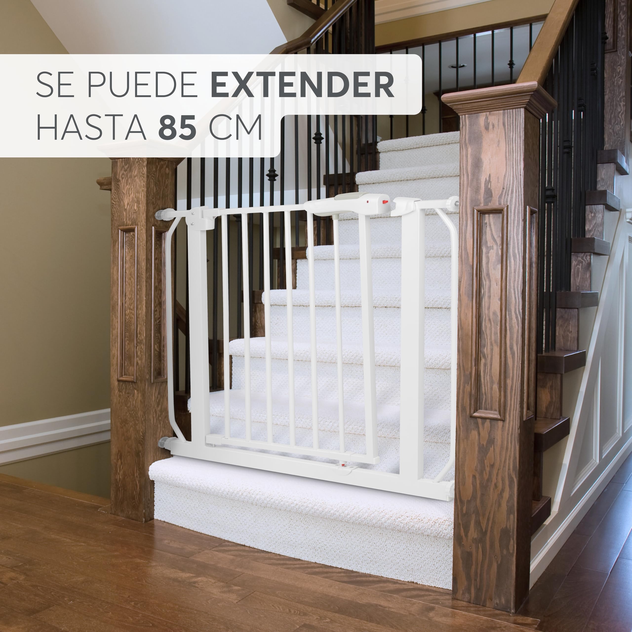 KikkaBoo Barrera de Seguridad de Niños para Puertas y Escaleras All Safe, Valla Seguridad Infantil, Cierre Automático, Extensible 125 cm, Barandilla Escalera, Fácil de Instalar, Blanco
