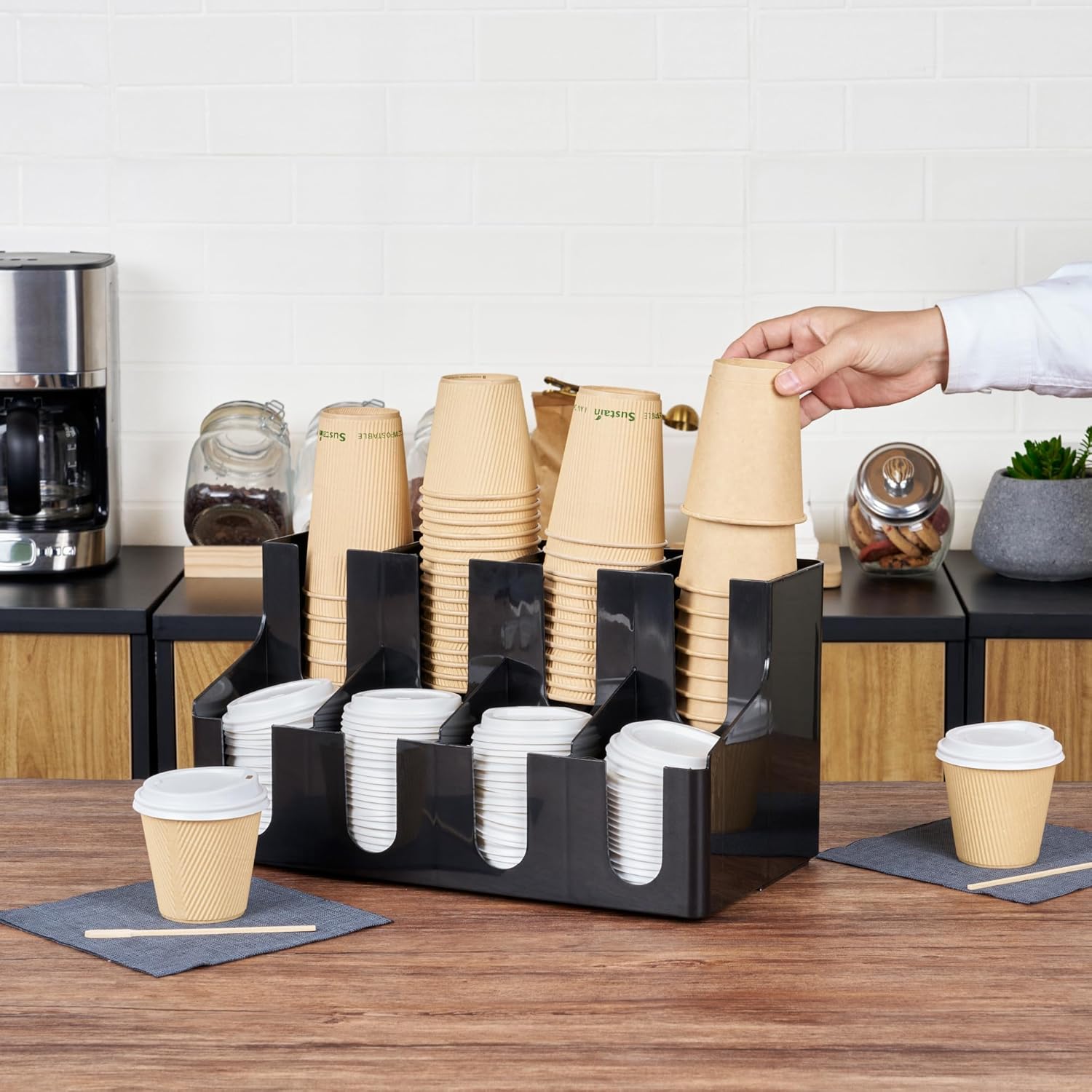 Restaurantware Restpresso Coffee Bar Organizer, 1 Count Durable 8 Compartments, Compact Size, Black Plastic Tabletop Coffee Supplies Organizer For Homes, Office Spaces, Breakrooms, and Lounges