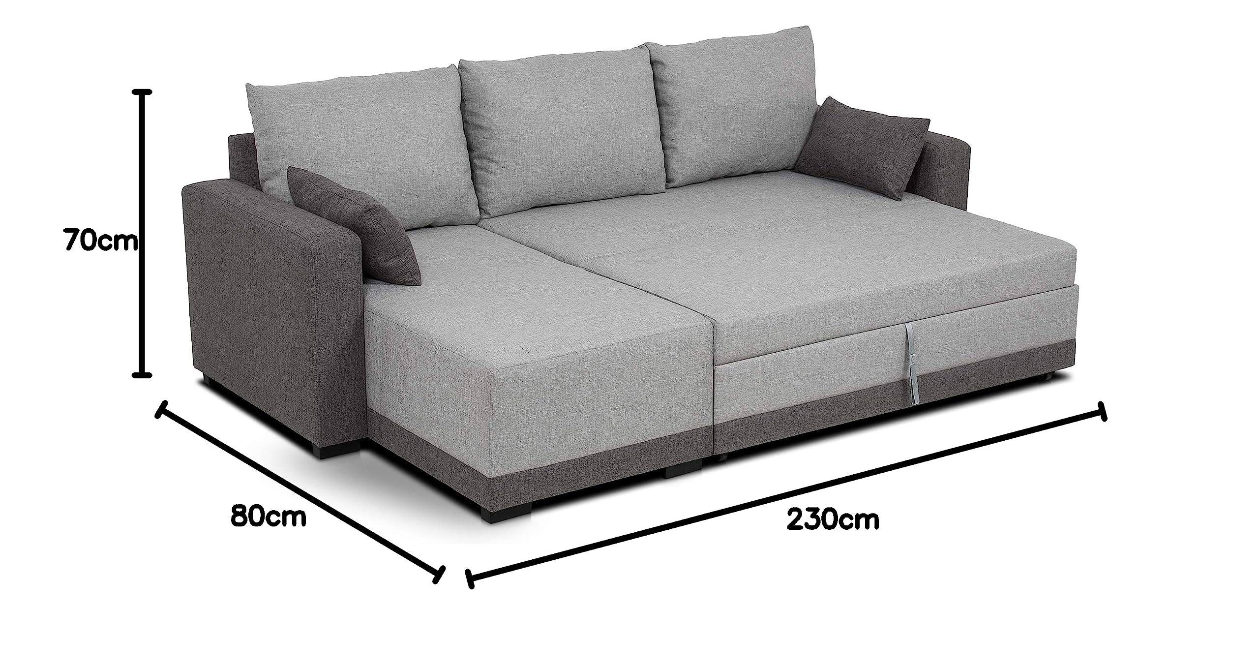 BUDWING Leah, Ecksofa mit Schlaffunktion Zweifarbig Grau – 4-Sitzer – Reversible Chaiselongue, 2 Dekokissen – Polyesterstoff – Modernes Design – 233 cm (Breite) x 124 cm (Tiefe) x 69 cm (Höhe)