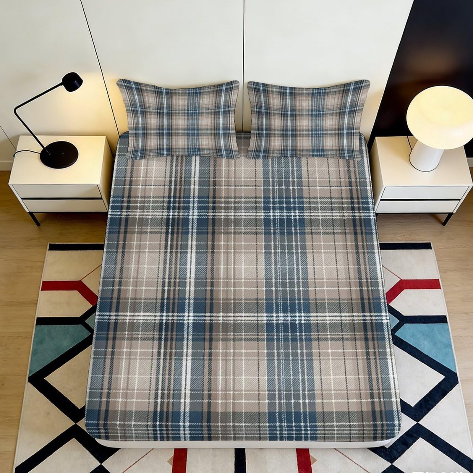 3D Printed Blue Plaid Fitted Sheet Microfiber Soft Breathable Checkered Mattress Cover for Bedroom Guest Room Decor 90x200x25cm