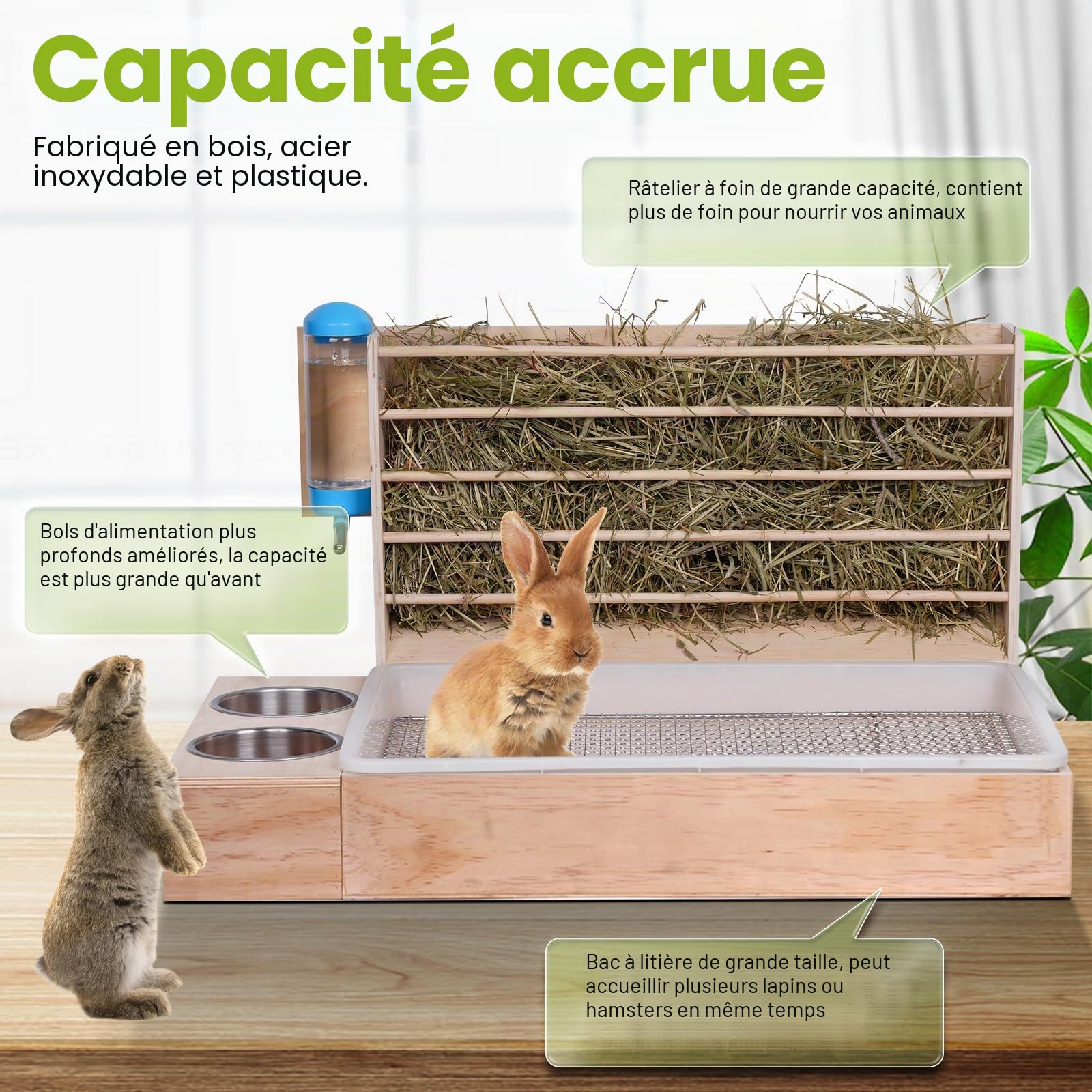Grand râtelier à foin 4 en 1 - En bois - Distributeur de nourriture pour lapins - Avec bac à litière pour chat - Bouteille d'eau - Distributeur de nourriture pour hamster - Distributeur