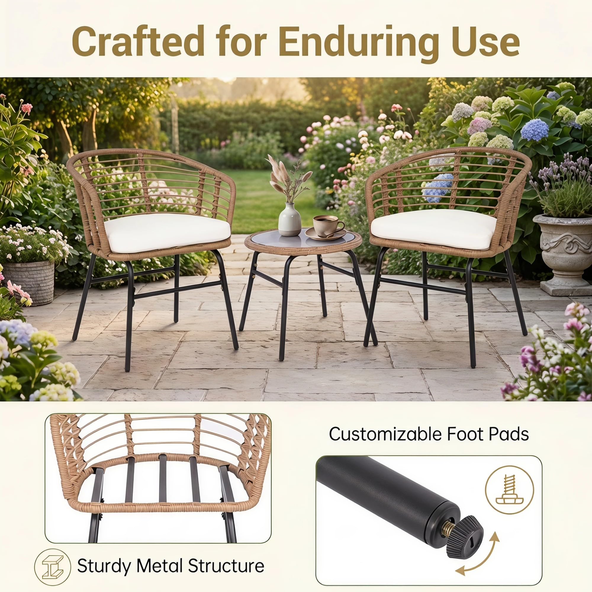 LIFEZEAL Ensemble de Jardin 3 Pièces pour 2 Personnes, Mobilier Extérieur Balcon avec 2 Chaises et 1 Table d’Appoint, 57 x 59 x 73 cm