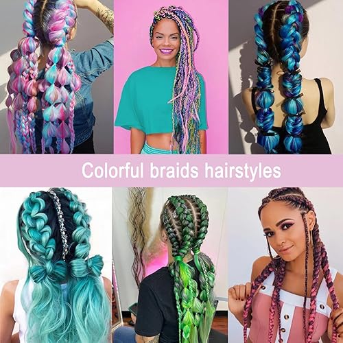 Miniatura 2 de Paquete de 3 extensiones de cabello trenzado de colores de 24 pulgadas, extensiones de cabello sintético para trenzas, color rosa, azul aguamarina,