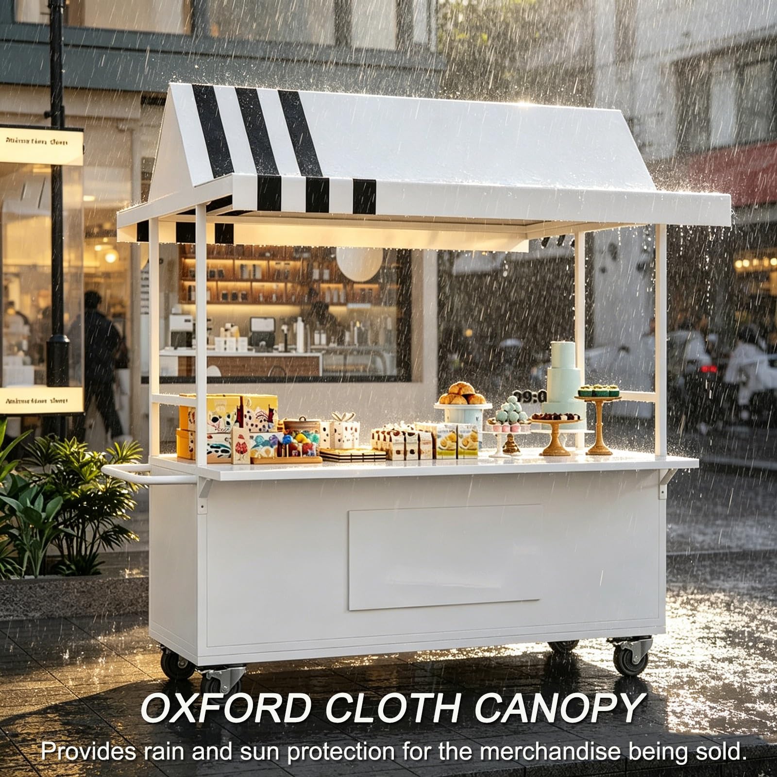 Wózek do Sprzedaży Żywności z Blokowanymi Kołami, Stoisko Targowe z Zadaszeniem Tkaniny Oxford do Kiosków na Imprezy Festiwale Targi Rolnicze i Targi(White,100x60x210cm/39x24x83in)