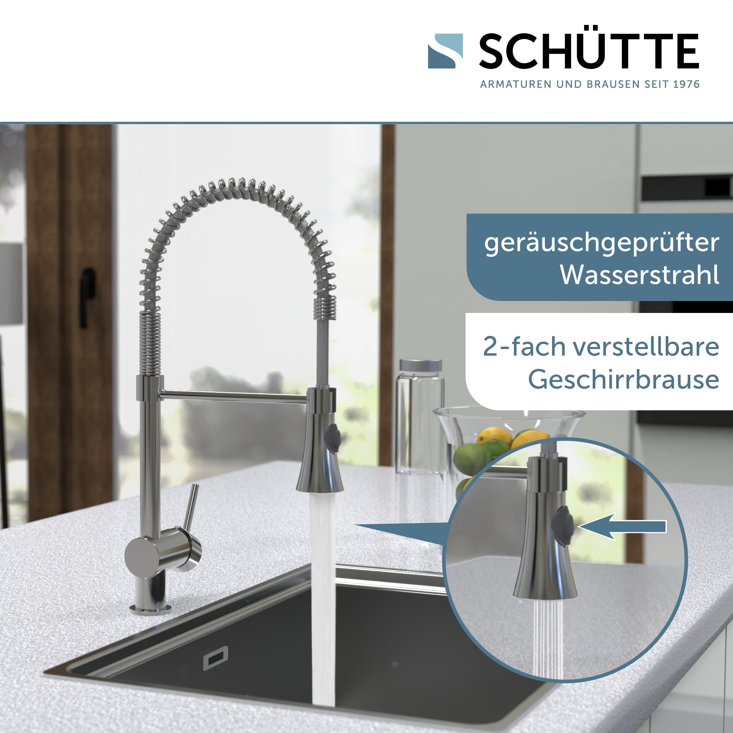 SCHÜTTE 79155 CORNWALL Küchenarmatur, Einhebelmischer mit ausziehbarer Geschirrbrause, 360 Grad schwenkbare Spültischarmatur, Spiralfeder Mischbatterie für die Spüle, Wasserhahn Küche, Edelstahloptik