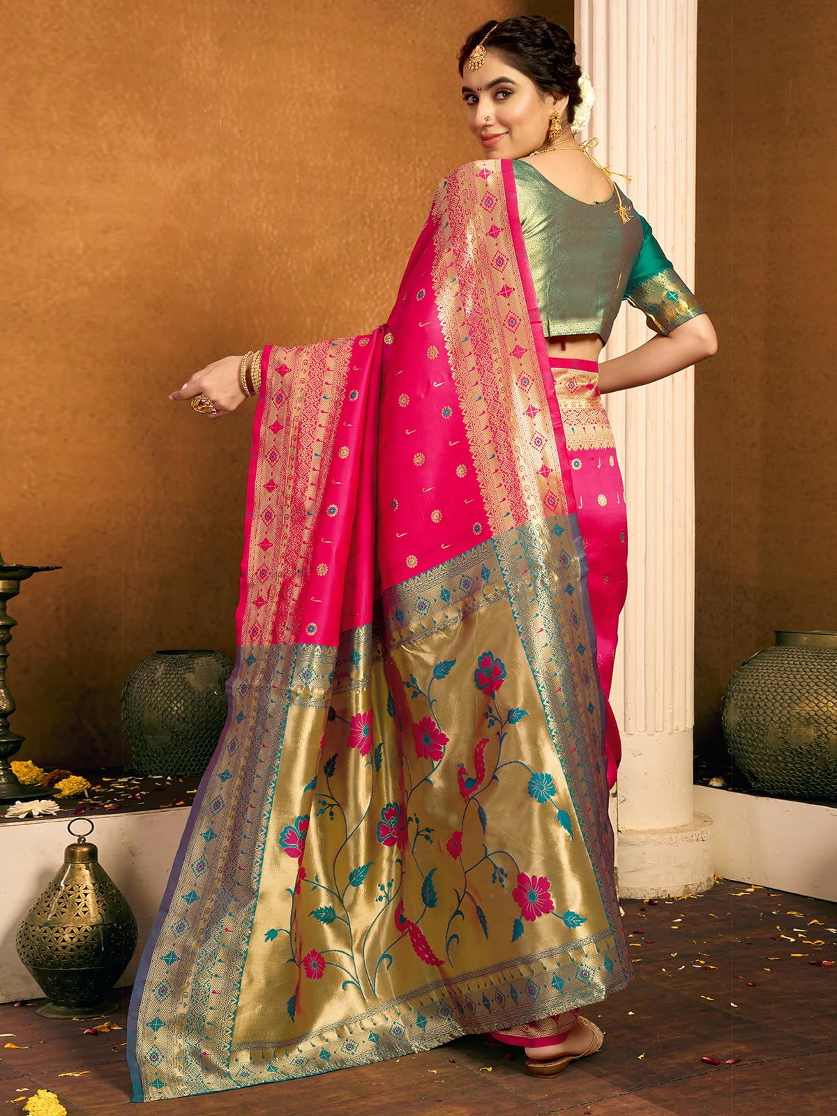 Satrani Women's Silk Paithani Jacquard Saree With Unstitched Blouse Piece (4048S6338N_Rani Pink & Teal Green)