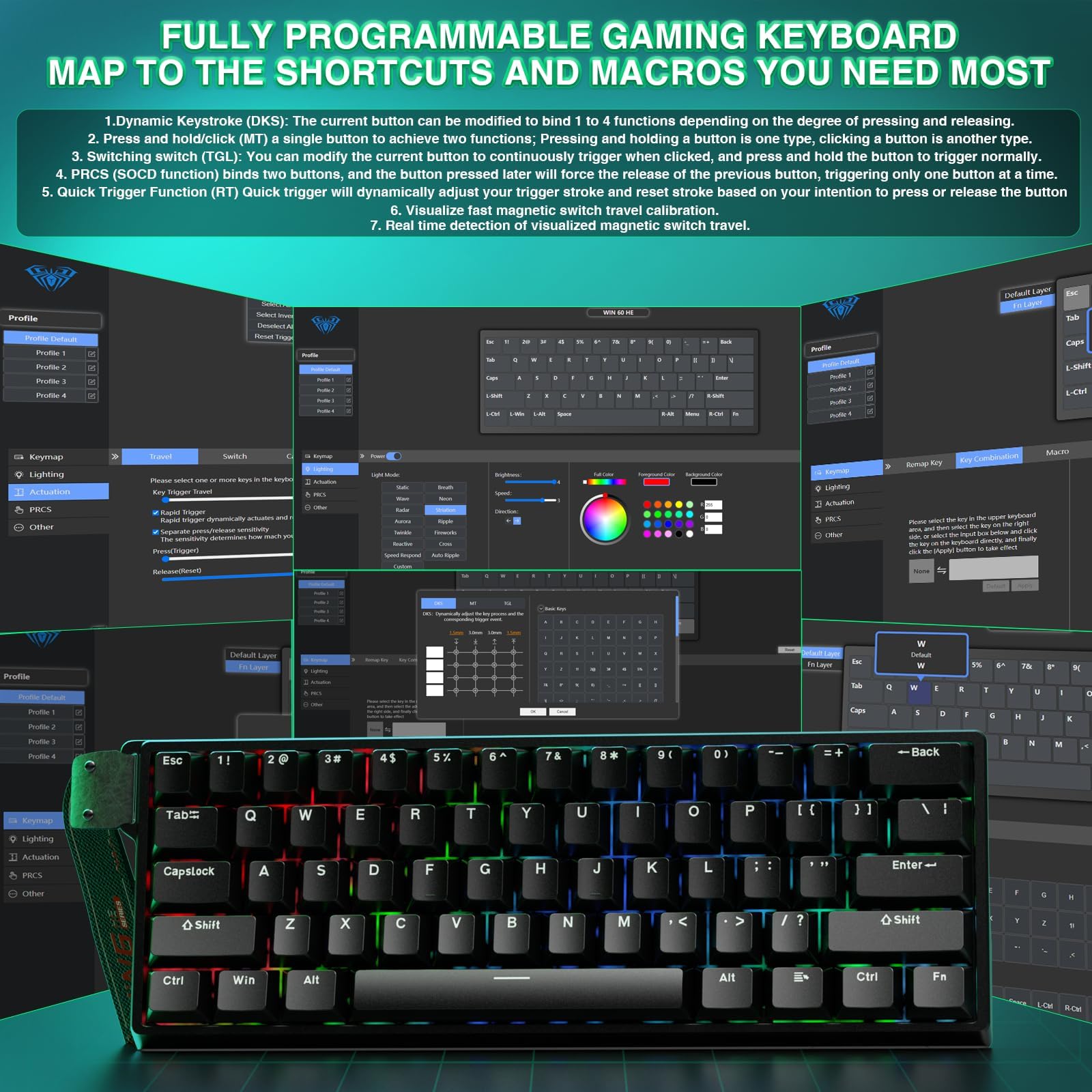 TZMRIT x Aula WIN60 HE, Clavier de jeu mécanique à 60 % avec câble, interrupteur magnétique échangeable à chaud, mode action-arrêt rapide, taux de réglage 8000 Hz, RVB petit