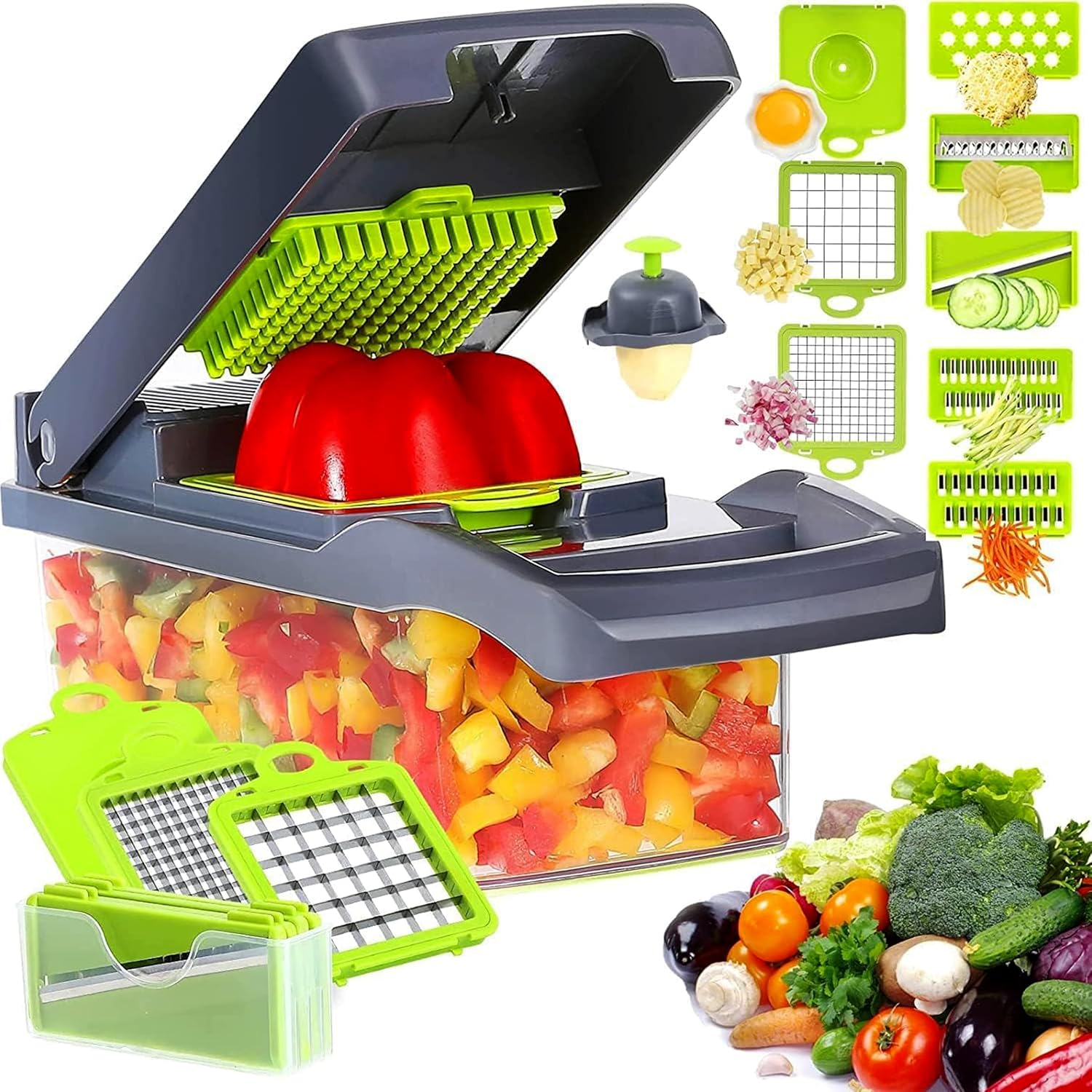 Multipurpose Vegetable Chopper Mandolin Slicer – 12 in 1 Kitchen Tool with Bonus Handheld Spiralizer – Professional Food Dicer, Cutter, and Grater with Container – White, Large Multipurpose Vegetable Chopper Mandolin Slicer – 12 in 1 Kitchen Tool with Bonus Handheld Spiralizer – Professional Food Dicer, Cutter, and Grater with Container – White, Large