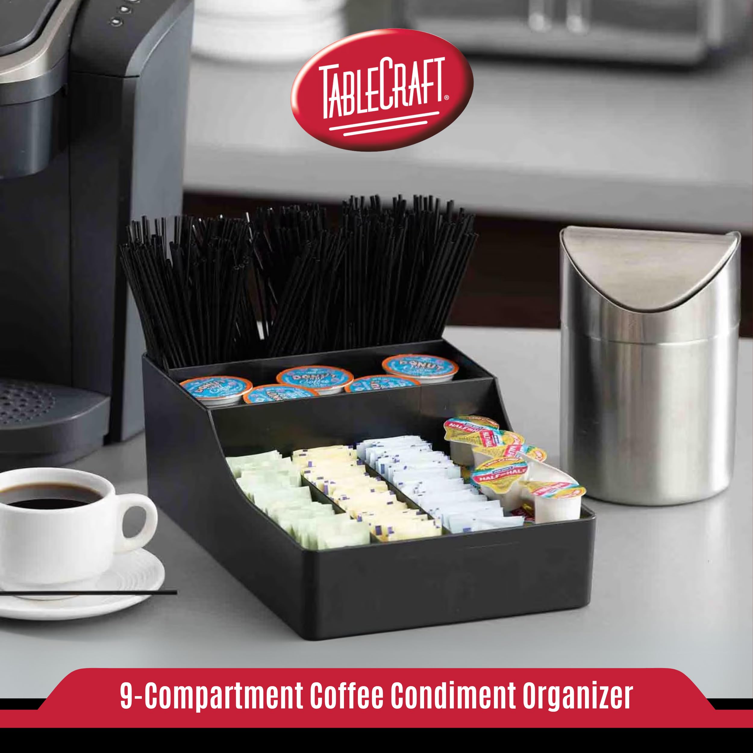 Tablecraft 12637 Coffee Condiment and Cup Storage Organizer, 9 Compartments, Durable BPA-Free PP Plastic, Black, Dishwasher Safe, Ideal for Restaurants, Cafés & Breakfast Buffets