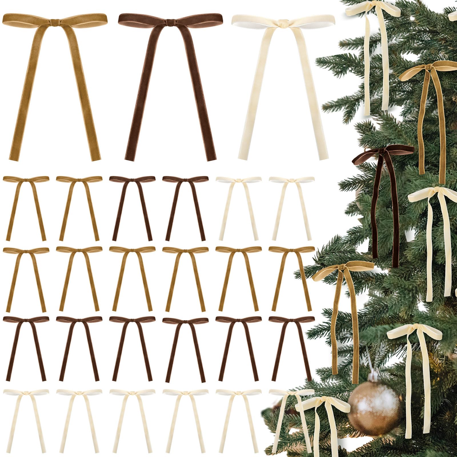 24 Pcs Velvet Bows Christmas Tree Ornaments Vintage Velvet Ribbon Bows for Tree Garland Wreath Indoor Xmas Decorations(5 x 7 Inch, Width of 3/8",Brown, Khaki,Beige)