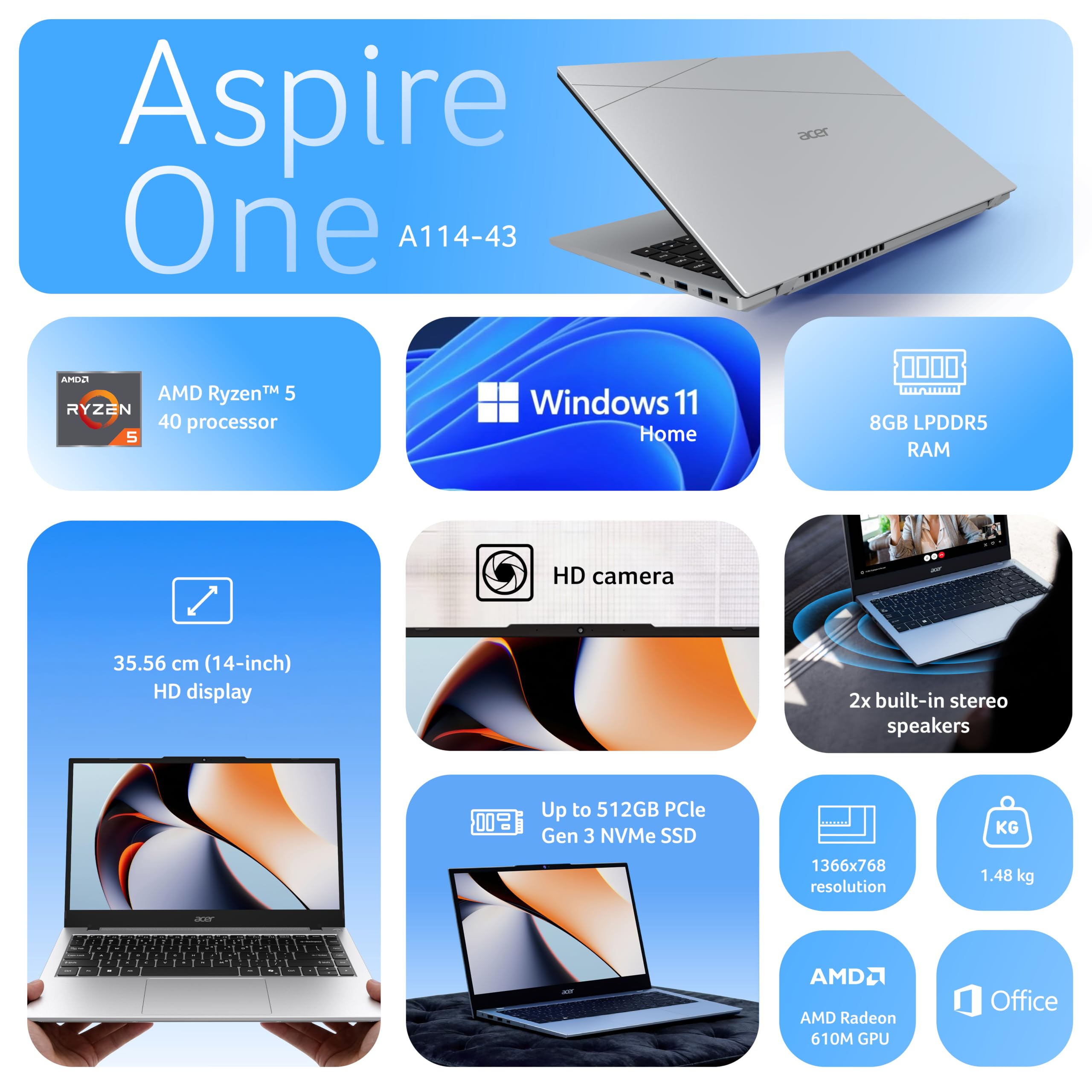 Acer Smartchoice Aspire One, AMD Ryzen 5-40,Office 2024 + M365 Basic, 8GB LPDDR5 RAM/ 512GB SSD, 14.0"/35.56cm WXGA Display, Win 11 Home, Pure Silver, 1.48KG, A114-43, Thin and Light Laptop — Amazon image 2
