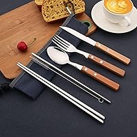 Vista 6 de JASHII Juego de cubiertos reutilizables de viaje, juego de cubiertos de acero inoxidable 304 con mango de madera, palillos y pajitas con diseño