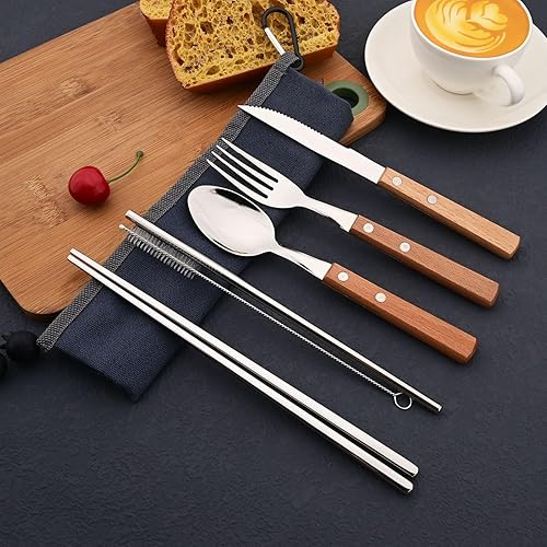 Miniatura 6 de JASHII Juego de cubiertos reutilizables de viaje, juego de cubiertos de acero inoxidable 304 con mango de madera, palillos y pajitas con diseño