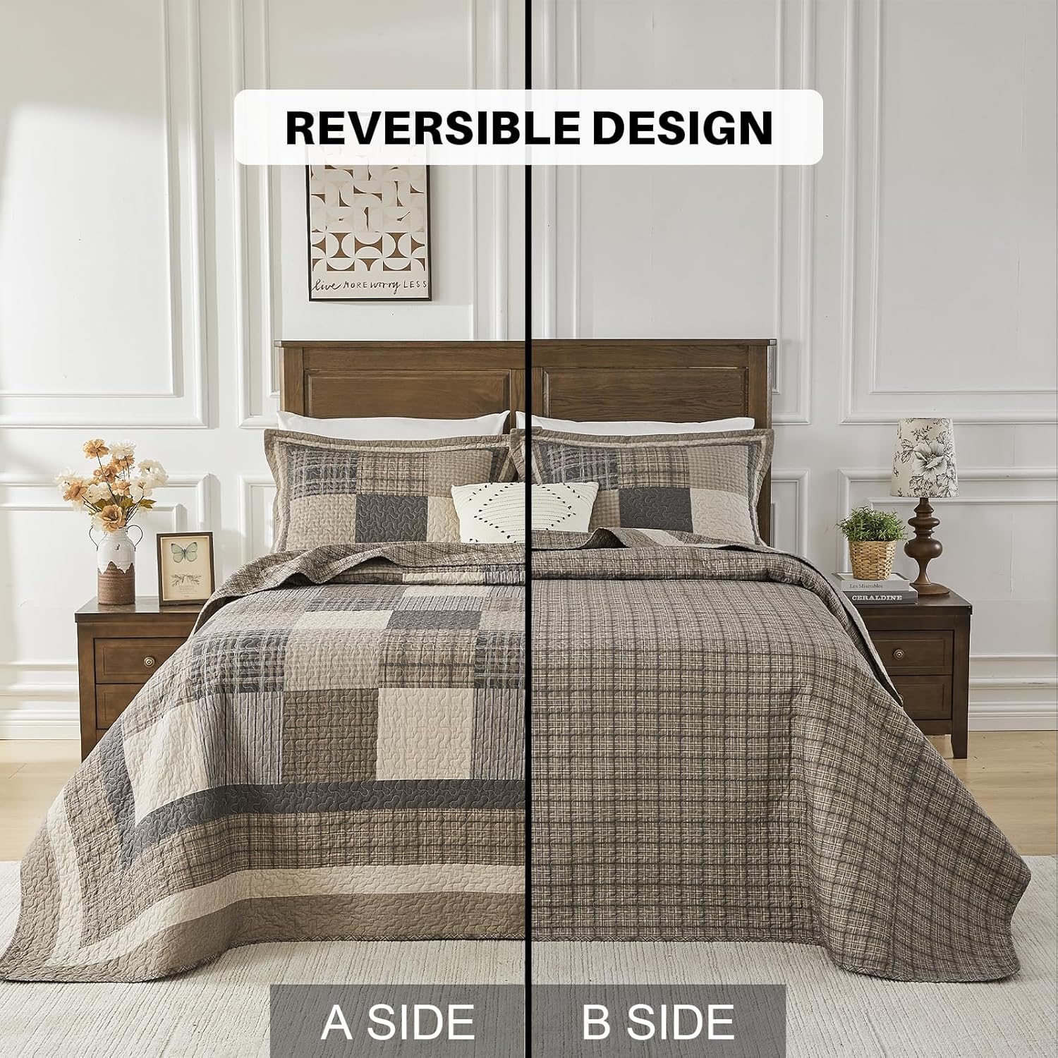 Oversized King Bedspread 120x120, 100% Cotton Farmhouse California King Quilt Set, Patchwork Plaid Coverlet, Quilted Reversible Bedding Cover, 3 Pieces, Brown/Gray/Beige