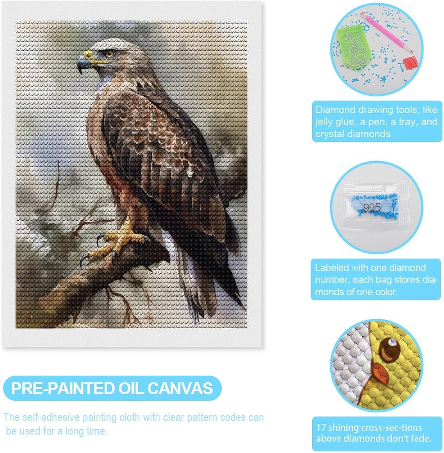 Diamond Painting Kits for Adults Watercolor of Hawk Sitting in The Tree Full Drill Diamond Dots Paintings Diamond Art Kits DIY 5D Diamond Painting Kits for Home Wall Decor 12"x16"