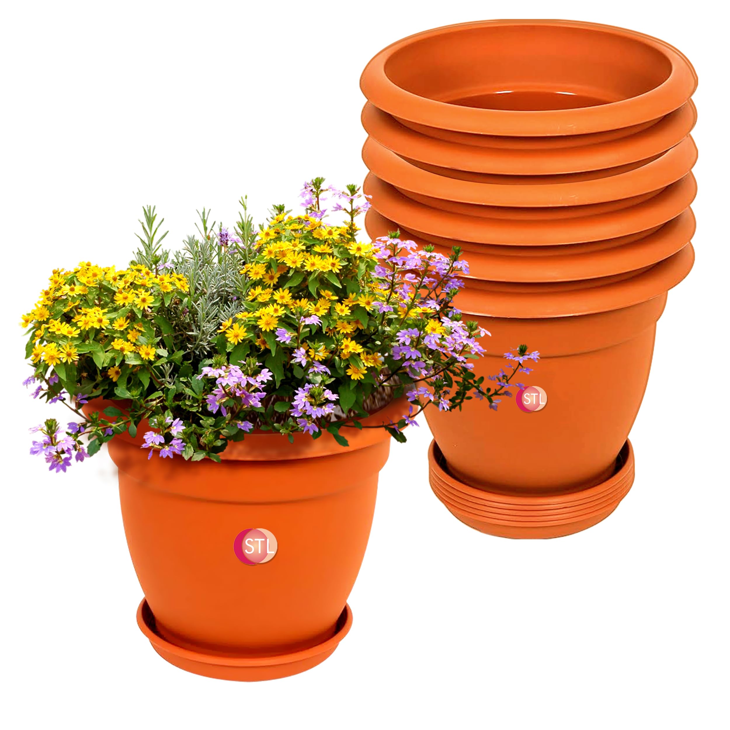 STL Terracotta Plant Pots - 6Pcs Clay Pots for Plants with Saucer & Drainage Holes, Heavy Duty Plastic Plant Pots for Plants, Flowers, Wedding Favor, Indoor/Outdoor Use