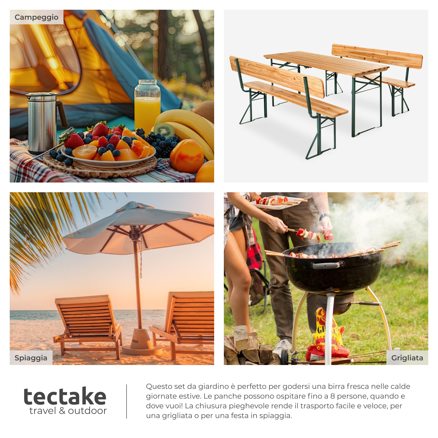 Tectake Set 3 Pezzi da Birreria, Tavolo e Panche da Esterno con Schienale, Acciaio, Tavolo 170x69x76 cm