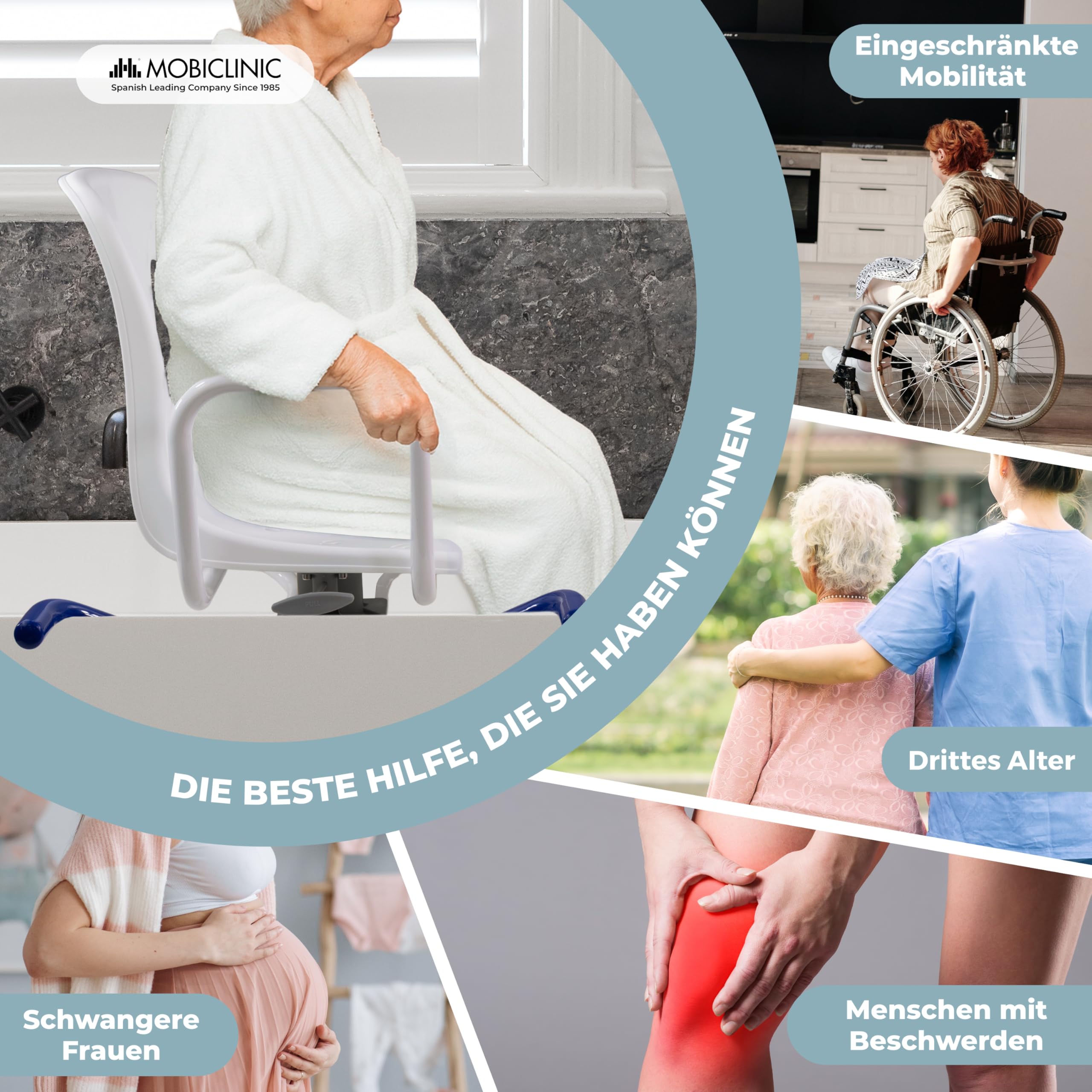 Mobiclinic®, Badewannensitz Drehbar 360º, Europäische Marke, Drehstuhl Dusche, Duschstuhl mit Armlehnen und Rückenlehne, Drehbarer Badewannenstuhl, Wannensitz, Verstellbar, Lago