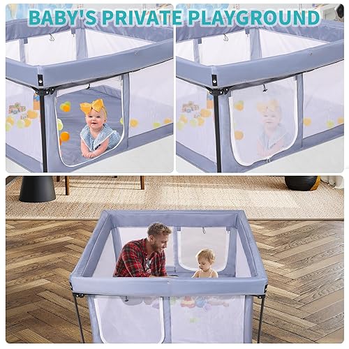 Miniatura 5 de Corralito portátil para bebés con suelo acolchado, patio de juegos plegable para bebés y niños pequeños, cerca para interiores y exteriores (gris