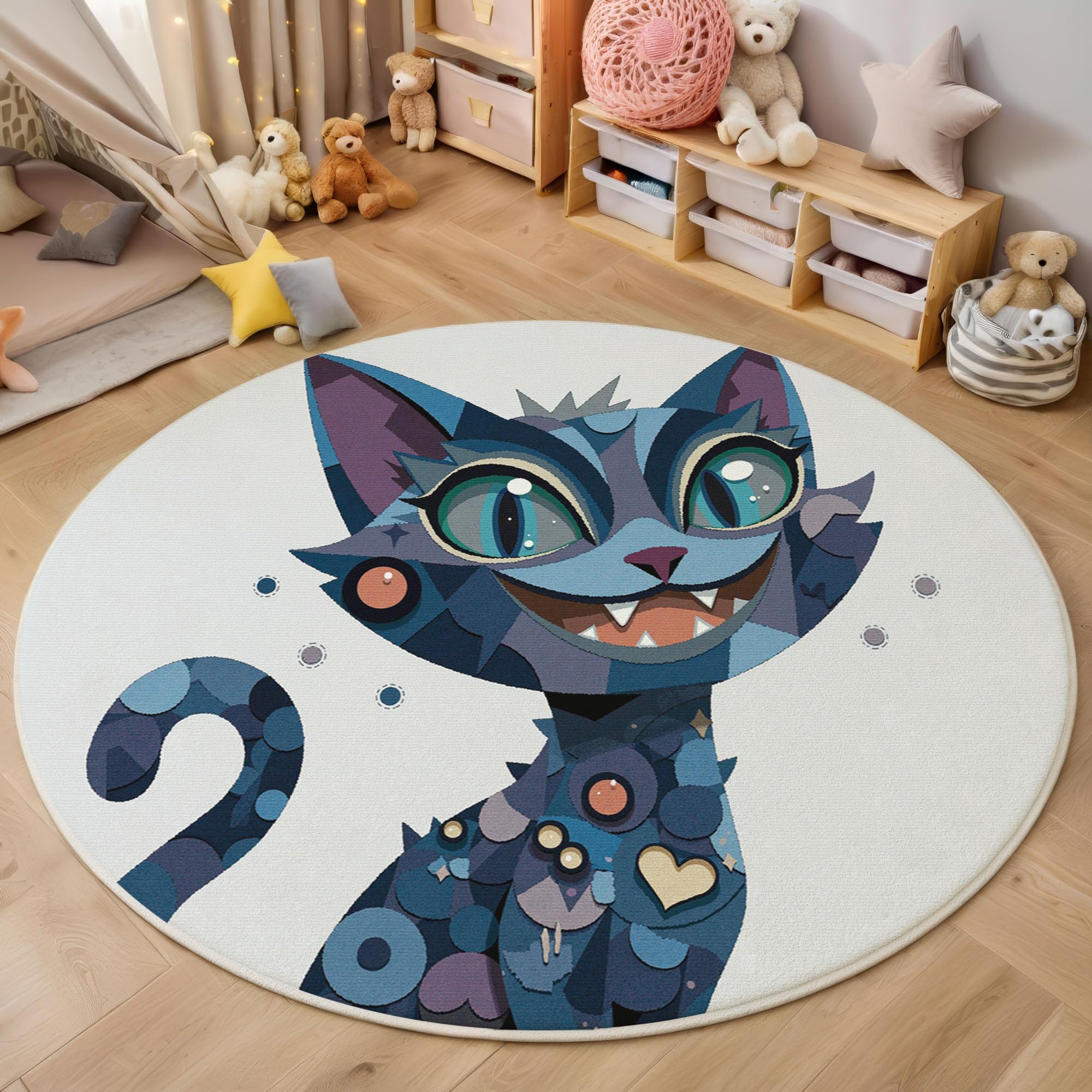 Tapis rond doux chat bleu et beige pour créer un coin de jeu ludique dans le salon
