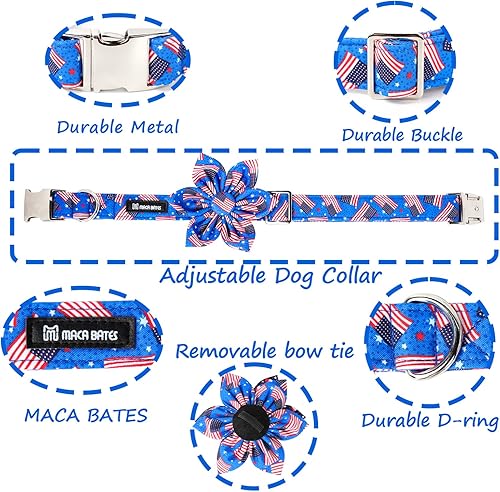 Miniatura 4 de MACA Bates - Collar de perro con bandera estadounidense con flor, collar patriótico de algodón suave para perro del 4 de julio, collar ajustable con