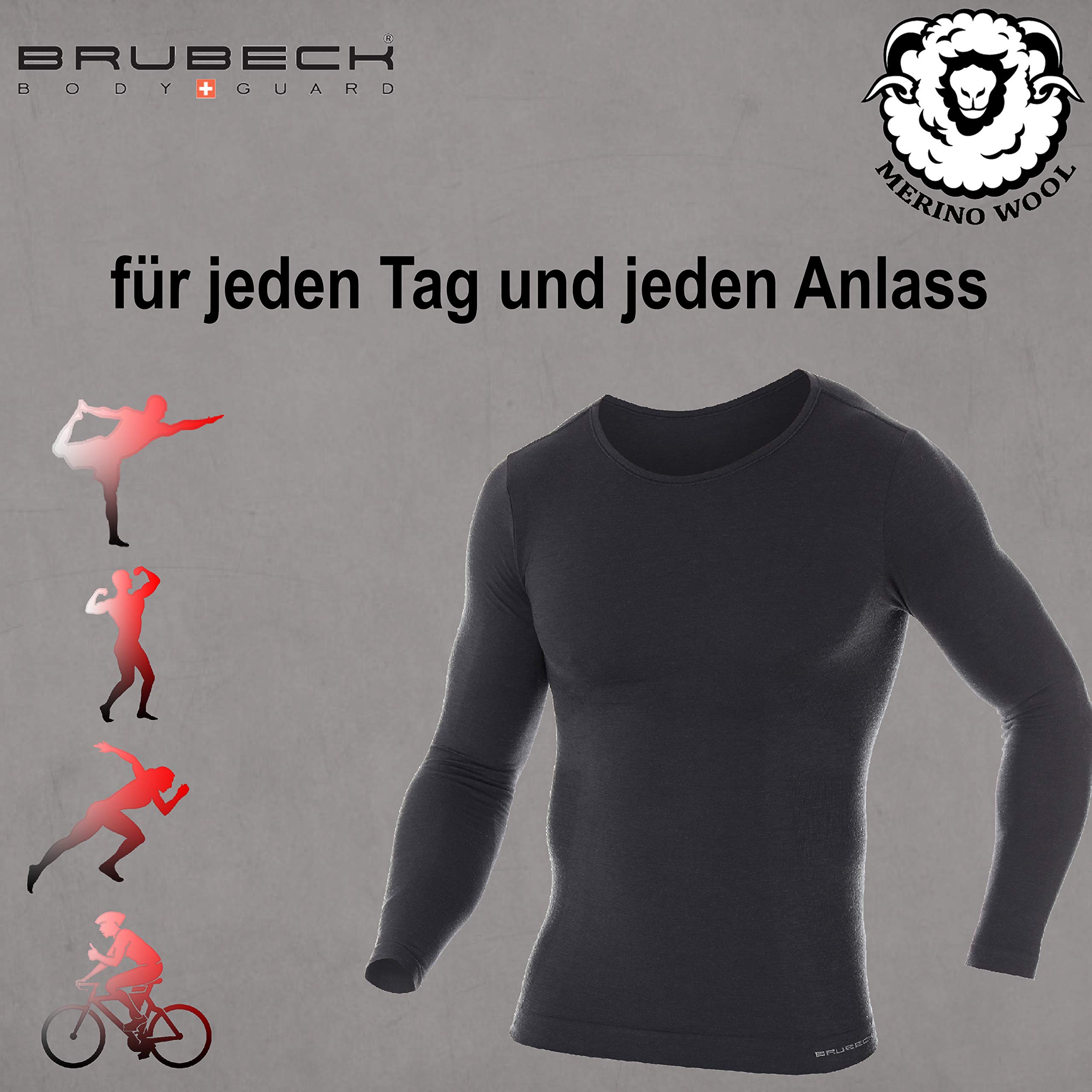 BRUBECK Camicia a Maniche Lunghe da Uomo | Maglietta Intima Funzionale | 41% Lana Merino | LS11600 | Grigio Scuro | L