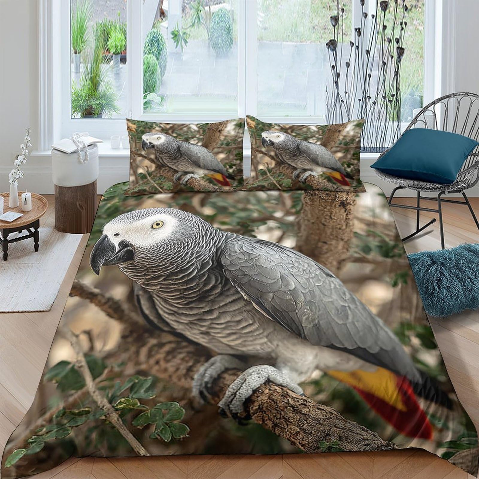 TUFRTGYHN 3D Printed African Grey Parrot Duvet Cover Microfiber Soft Breathable Rainforest Bird Bedding Set with 2 Pillowcases for Bedroom Decor Single（135x200cm）