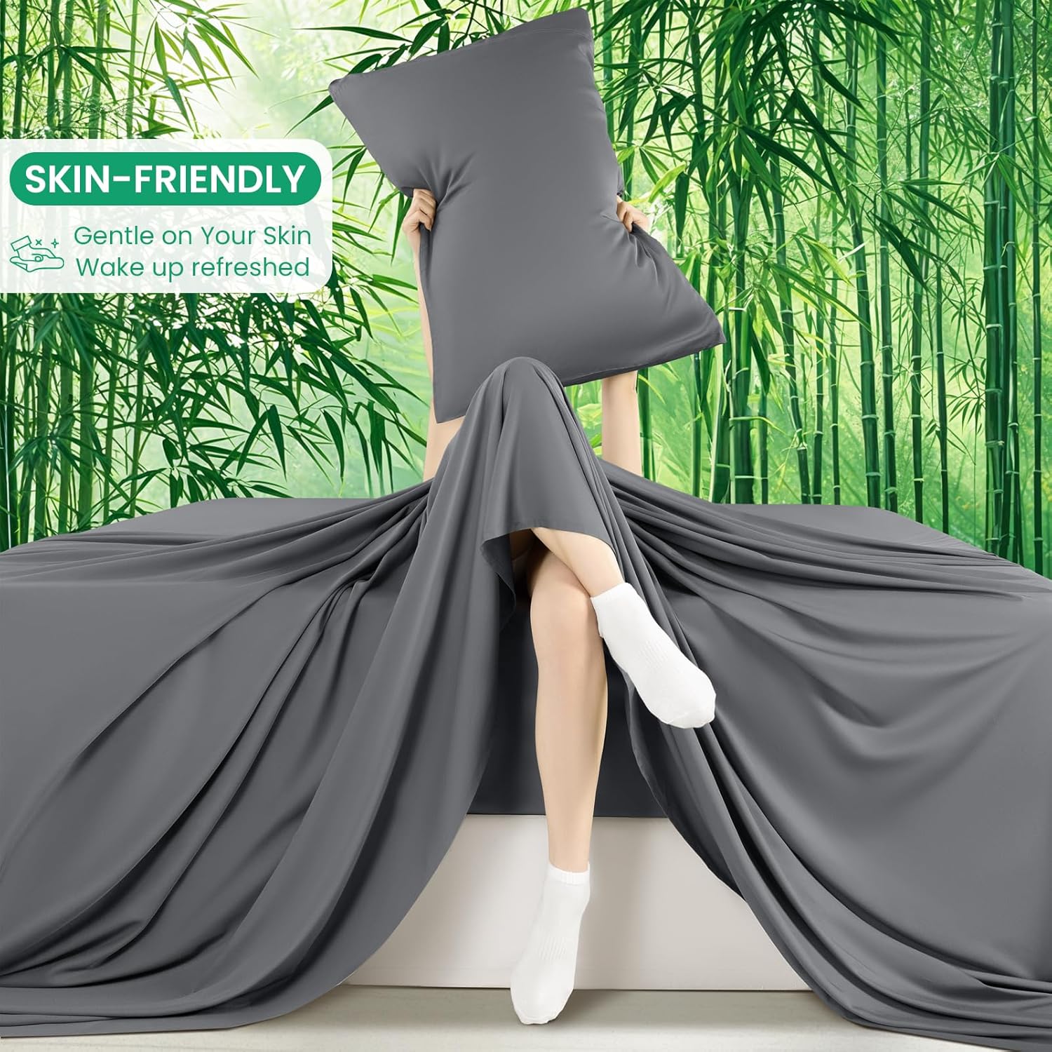 SONORO KATE 100% Viscose Derived from Bamboo_Sheets King Size, Ultra Breathable & Cooling Bed Sheets for Hot Sleepers, Hotel Luxury Silky Bedding Sheets, 16" Deep Pocket - 4PC (Dark Grey,King) - Image 8