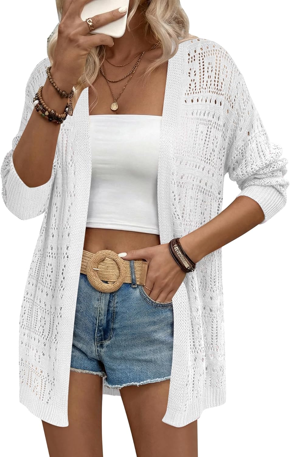 Zeagoo Womens 2026 Summer Crochet Cardigan Sweaters Lightweight Long Sleeve Open Front Kimono Boho Knit Cover Ups