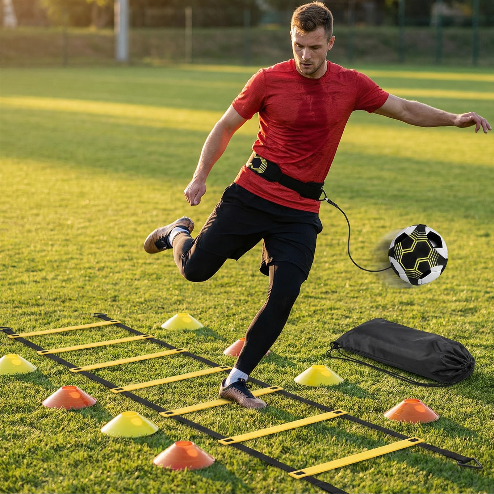 PORFOYO Kit Allenamento Calcio, Set Allenamento Calcio con Scala di Coordinamento 6m, 12 Cinesini, 1 Corda da Salto, Bande Elastiche, Accessori per L'allenamento di Calcio, Set di velocità E Agilità