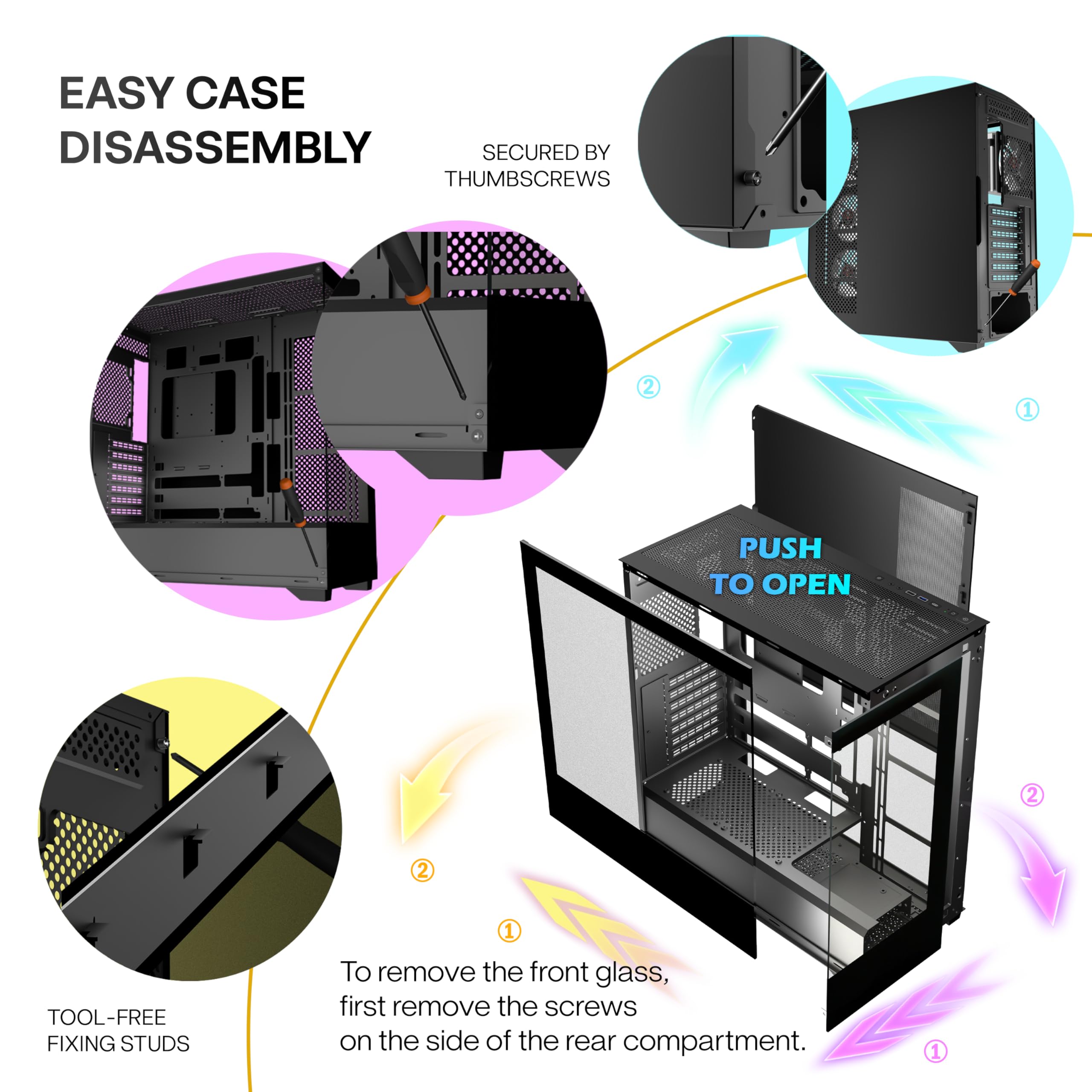 PC CASE ATX 4 Ventole preinstallate, Type-C Mid Tower case per computer con doppia vista in vetro temperato full-view, custodia per PC da gioco, nero, P4