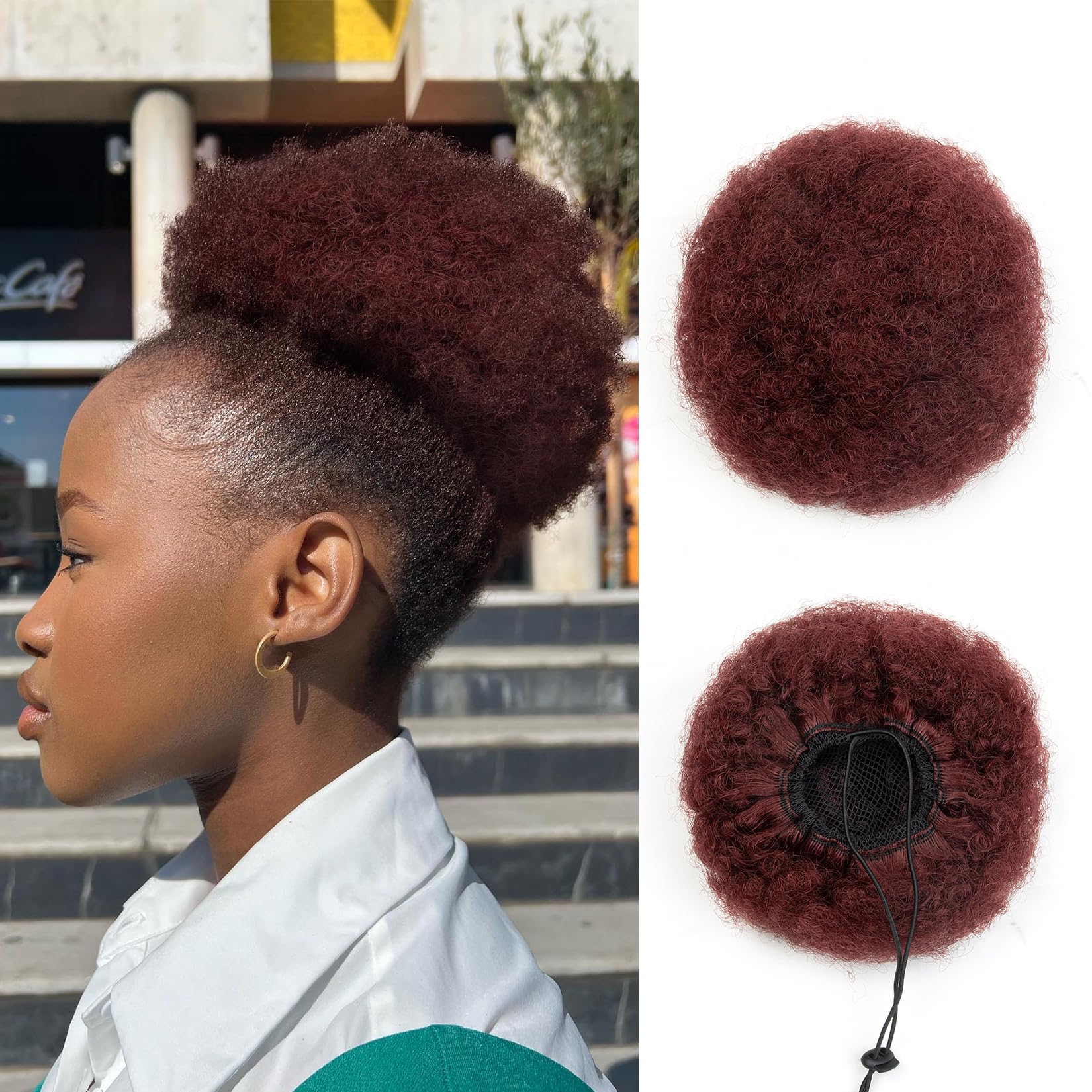 Natural Real Human Hair Afro Puff Drawstring Ponytail for Black Girls Women Short Kinky Curly Cheer Ponytail Extension Natural Ponytails 4c Fake Bun Updos African American Wigs Wine Red 6 Inch 40g