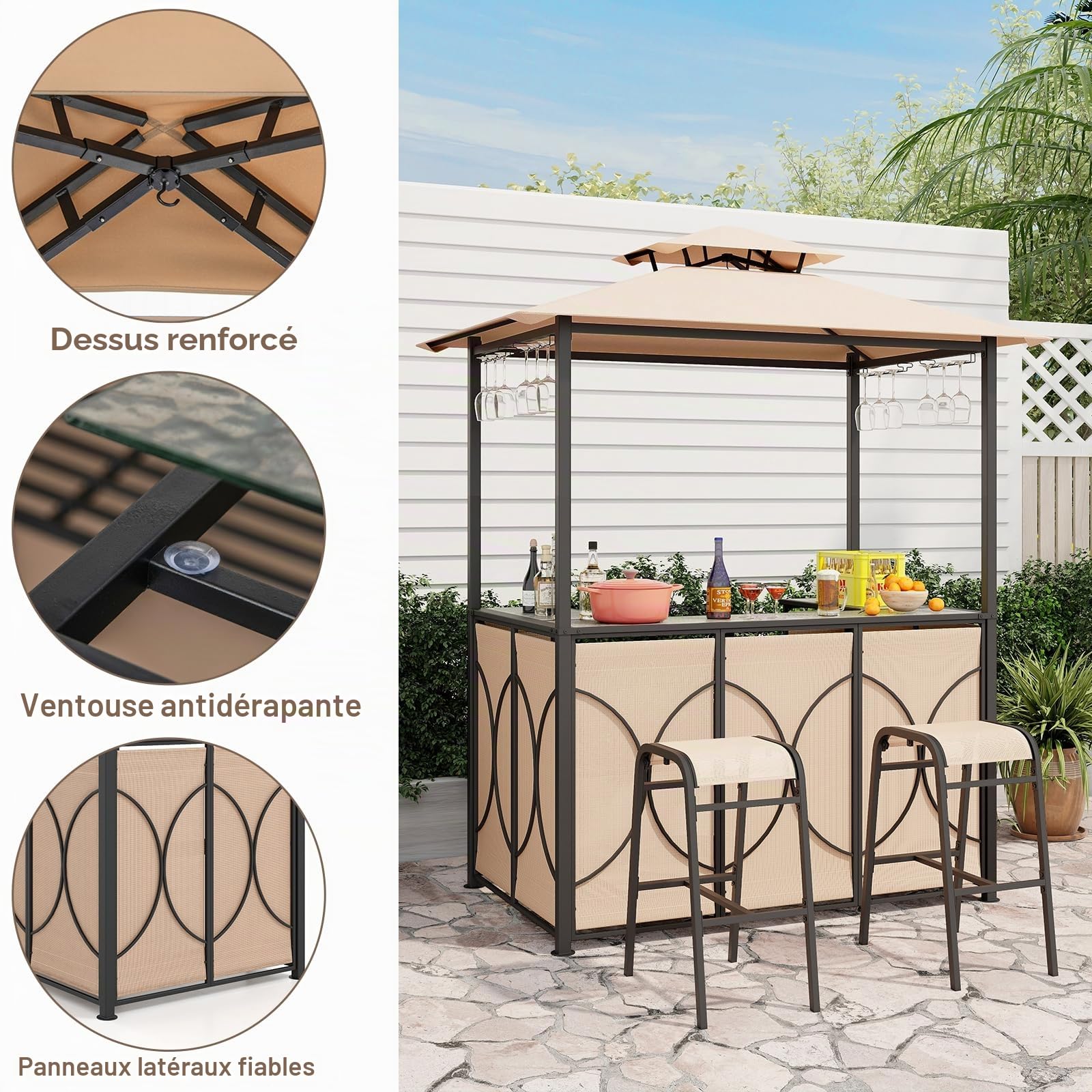HOMASIS Gazebo pour Barbecue avec Banc de Bar et 2 Tabourets, Tonnelle Extérieure Résistante avec Double Toit, Pergola Résistante à la Pluie et au Feu (Marron, 194 x 121 x 242 cm)
