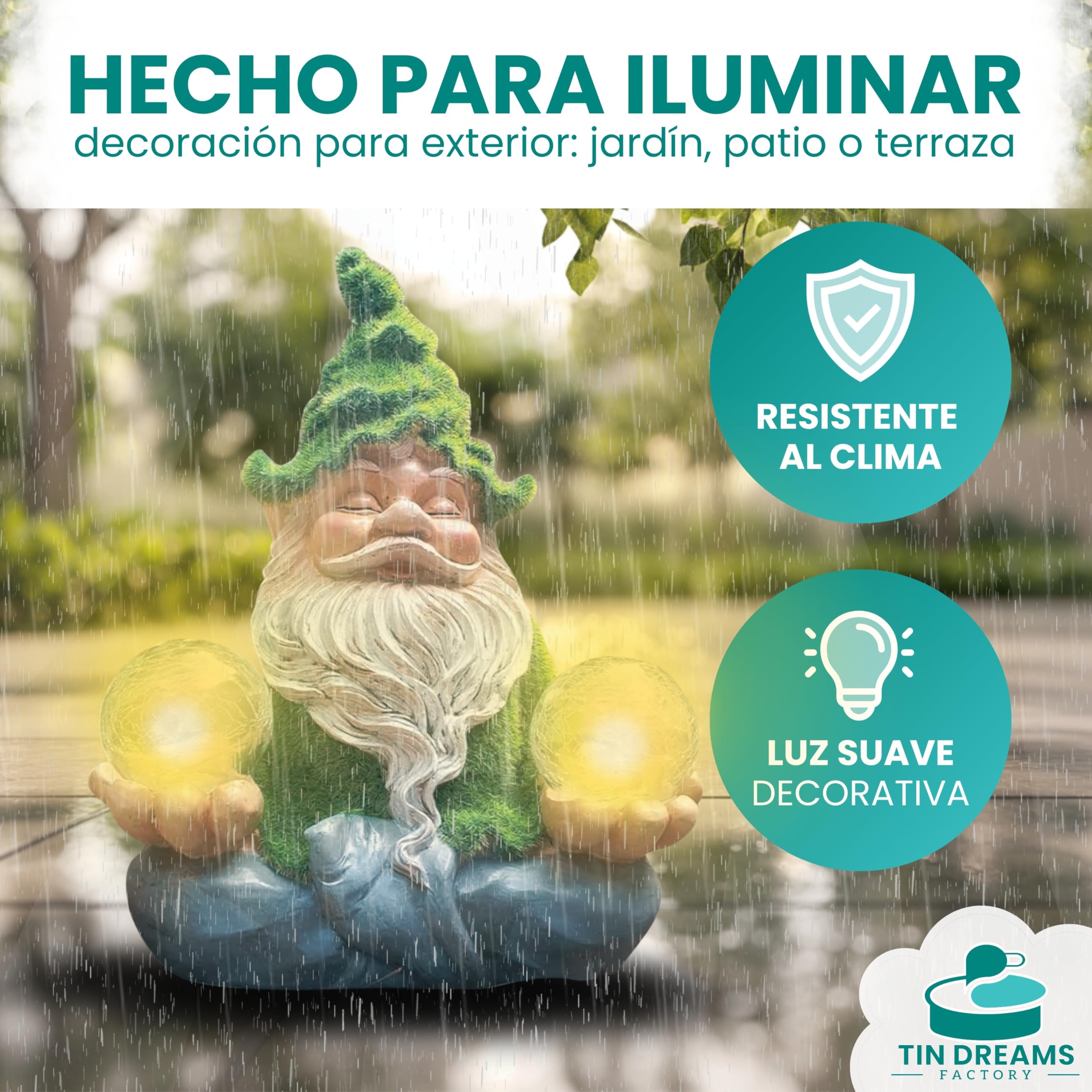 Gnomo Zen con Luz Solar – Figura Decorativa de Jardín en Resina – Enanito Exterior con Burbuja Luminosa LED – Adorno Relajante para Jardín, Patio y Terraza