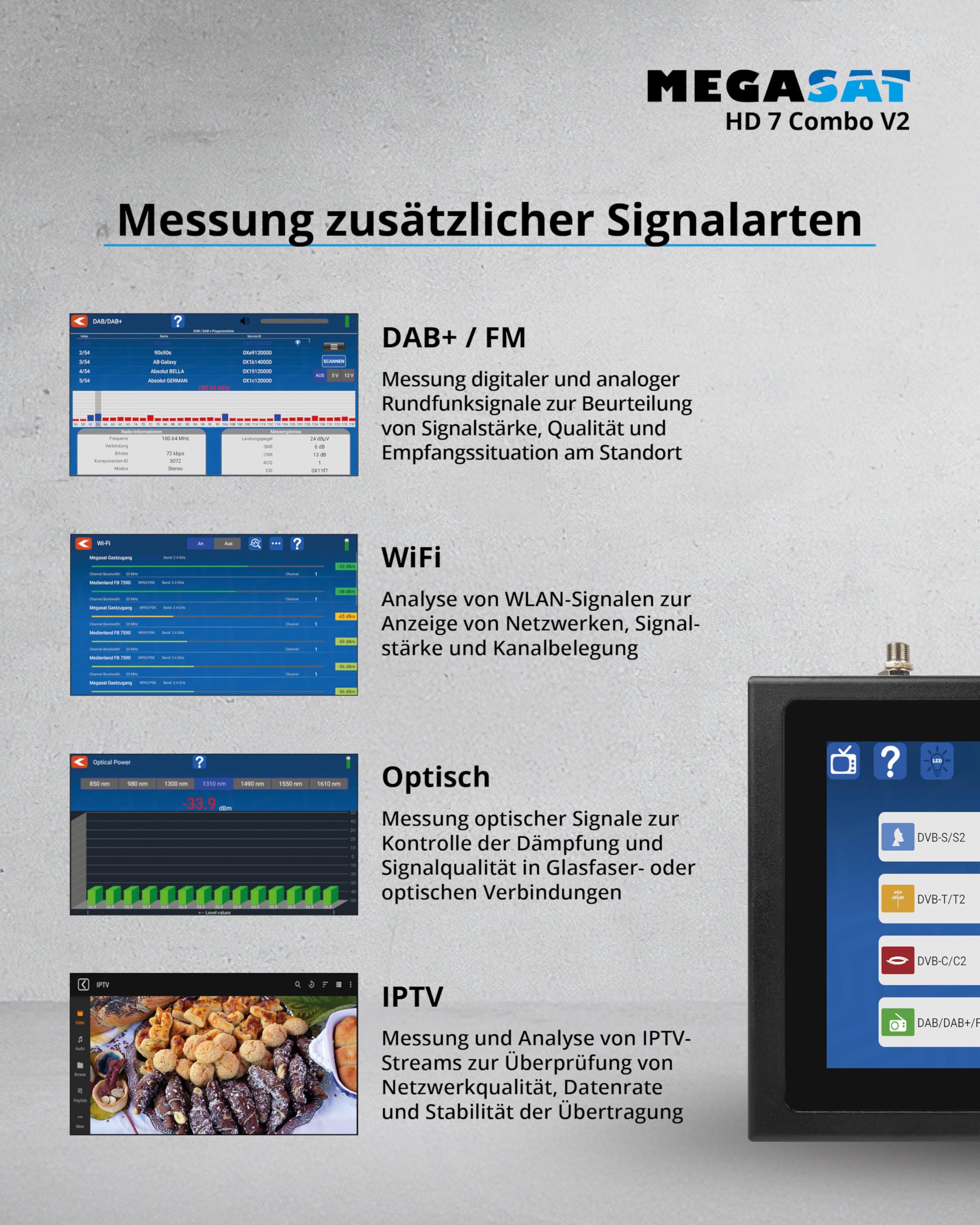 Megasat HD 7 Combo V2 – Combo-Messgerät mit Live-TV-Bild – Schwarz | Für DVB-S, DVB-S2, DVB-T, DVB-T2, DVB-C, DAB+, Unicable, 8,9″ Farbdisplay, Touchdisplay, Akku, Lampe