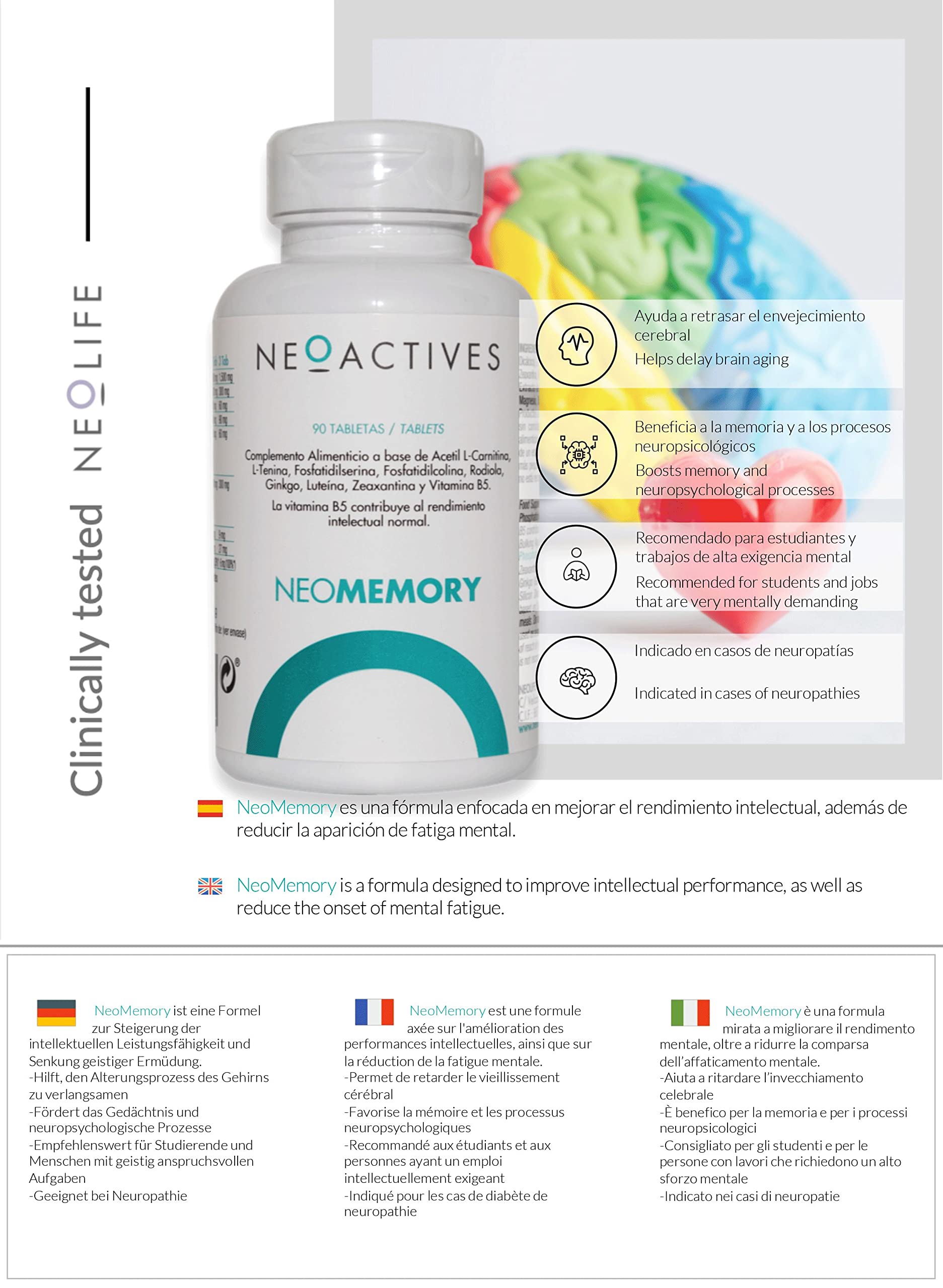 NeoMemory - Suplemento Alimenticio con Extractos de Plantas - Contribuye a Mejorar el Rendimiento Mental - Ayuda a Reducir el Estrés - 30 Tabletas - Neoactives