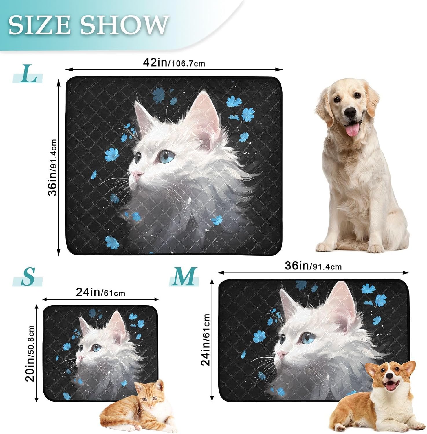Cat Portrait Butterfly Pet Mat Reusable Feeding Mats for Food and Water Non-Slip Pee Pads for Dogs Cats 2 Packs