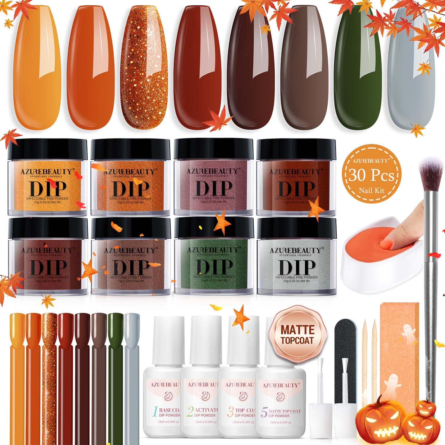 AZUREBEAUTY Dip Nails Powder Starter Kit, Maple Grey Sage Green Dark 8 Colors Set with Nail Sticks, Fall Nail Art Base Glossy/Matte Top Coat Activator