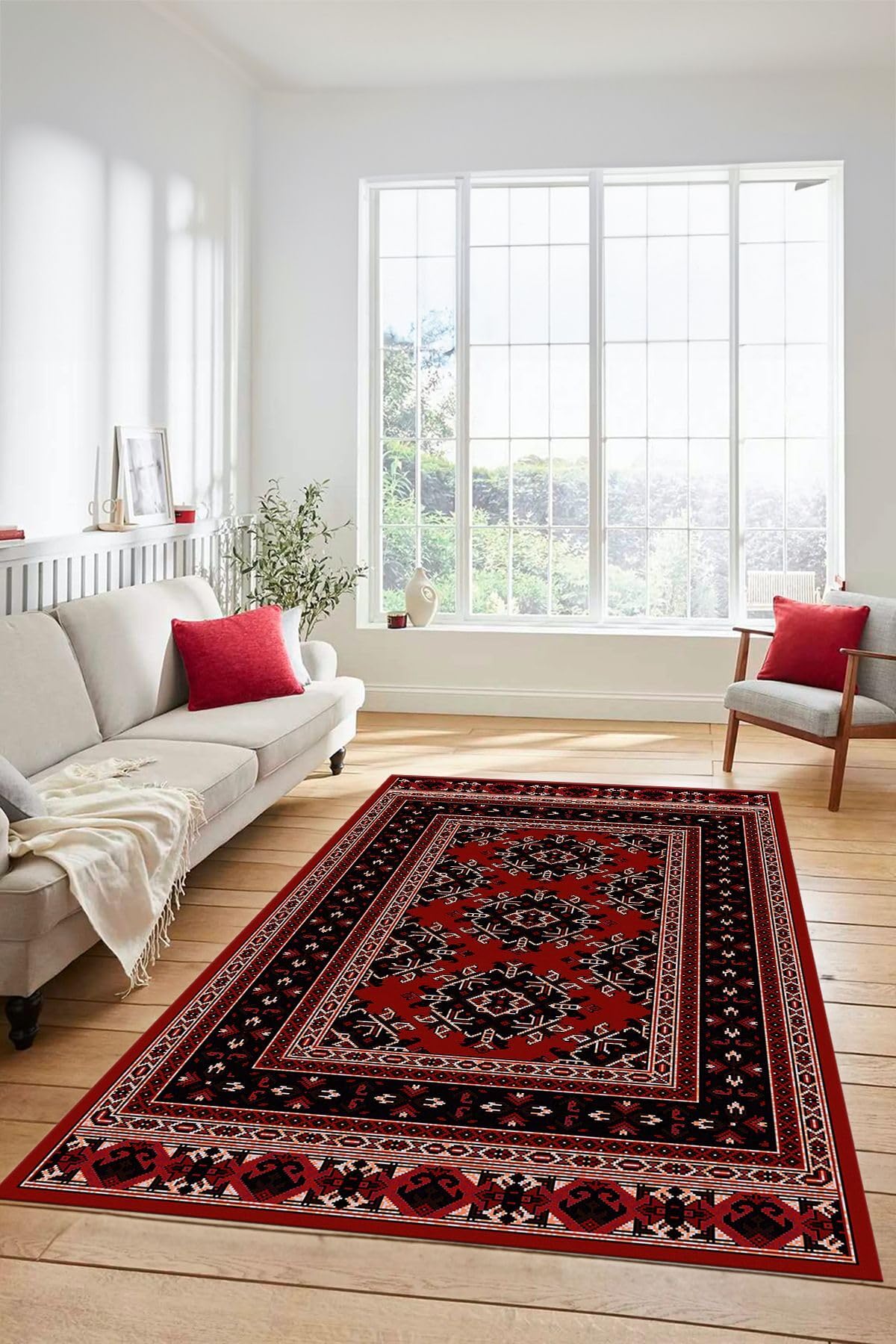 Evdeya Dijital Baskılı Kaymaz Taban Yıkanabilir Şık Etnik Desen Yolluk Mutfak Salon Halısı ETNİK-04, Kırmızı, 40 x 60